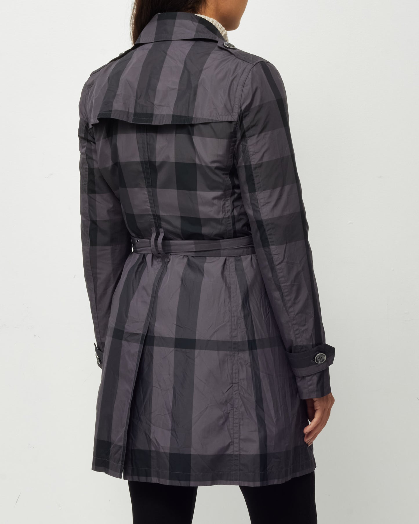 Burberry Brit Grey Nova Check Plaid Belted Trench Rain Coat - US 6