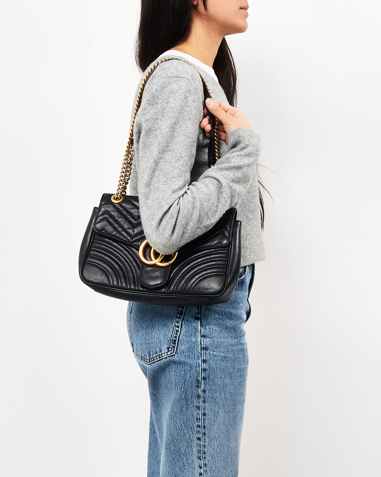 Gucci Black Matelassé Leather Medium Marmont Flap Shoulder Bag