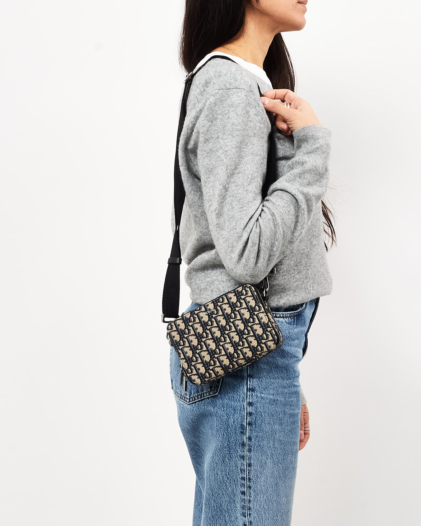 Dior Navy Oblique Jacquard Canvas Zipped Pouch with Strap Crossbody Bag