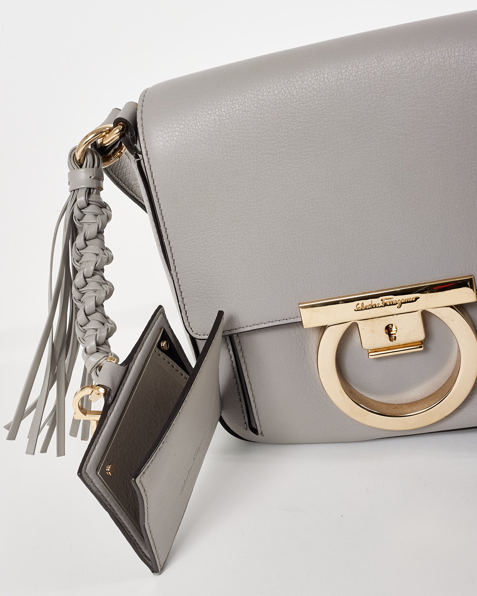 Buy Salvatore Ferragamo Light Grey Mini Tassel Gancini Lock Flap