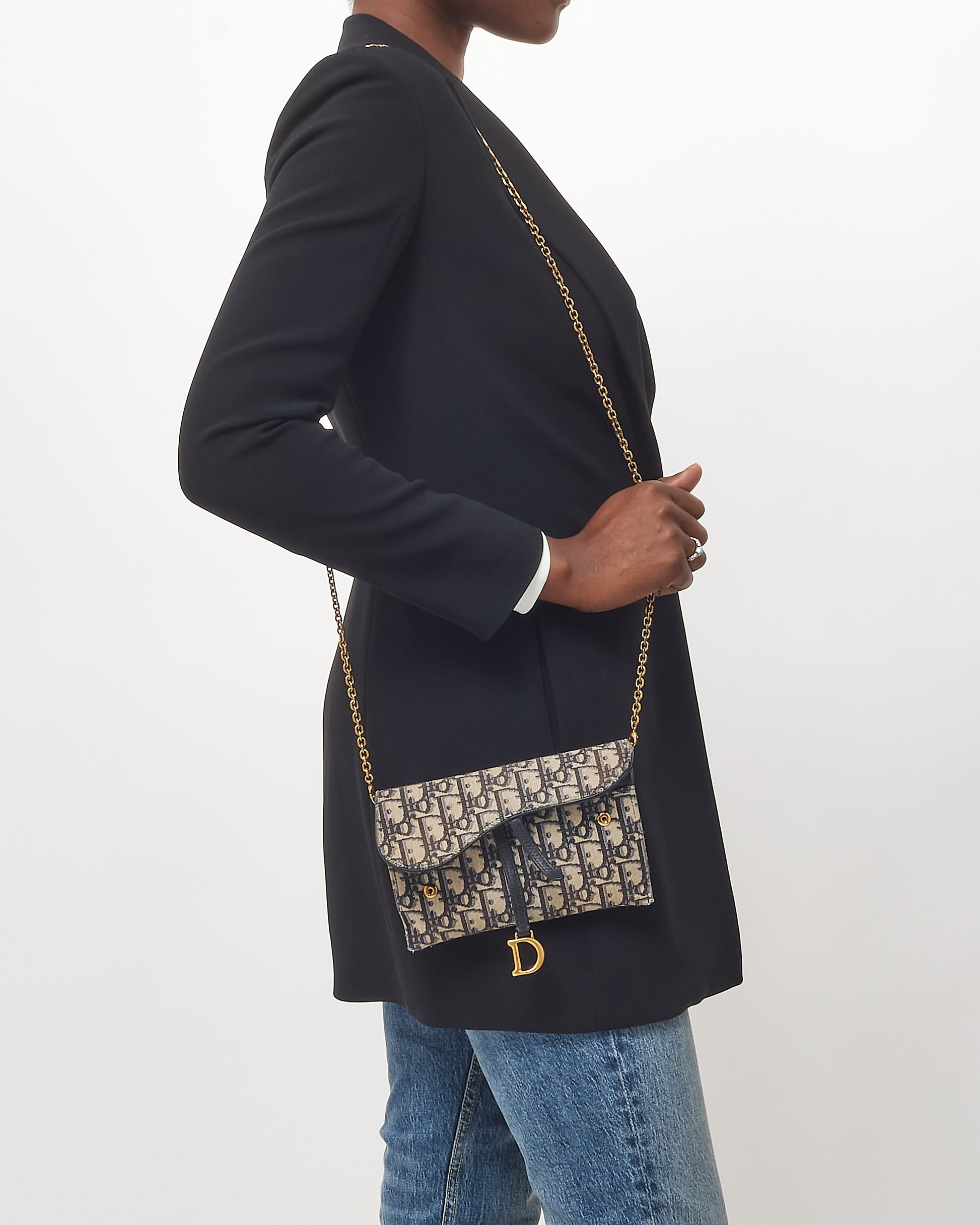 Buy Dior Navy Oblique Canvas Small Saddle Wallet on Chain