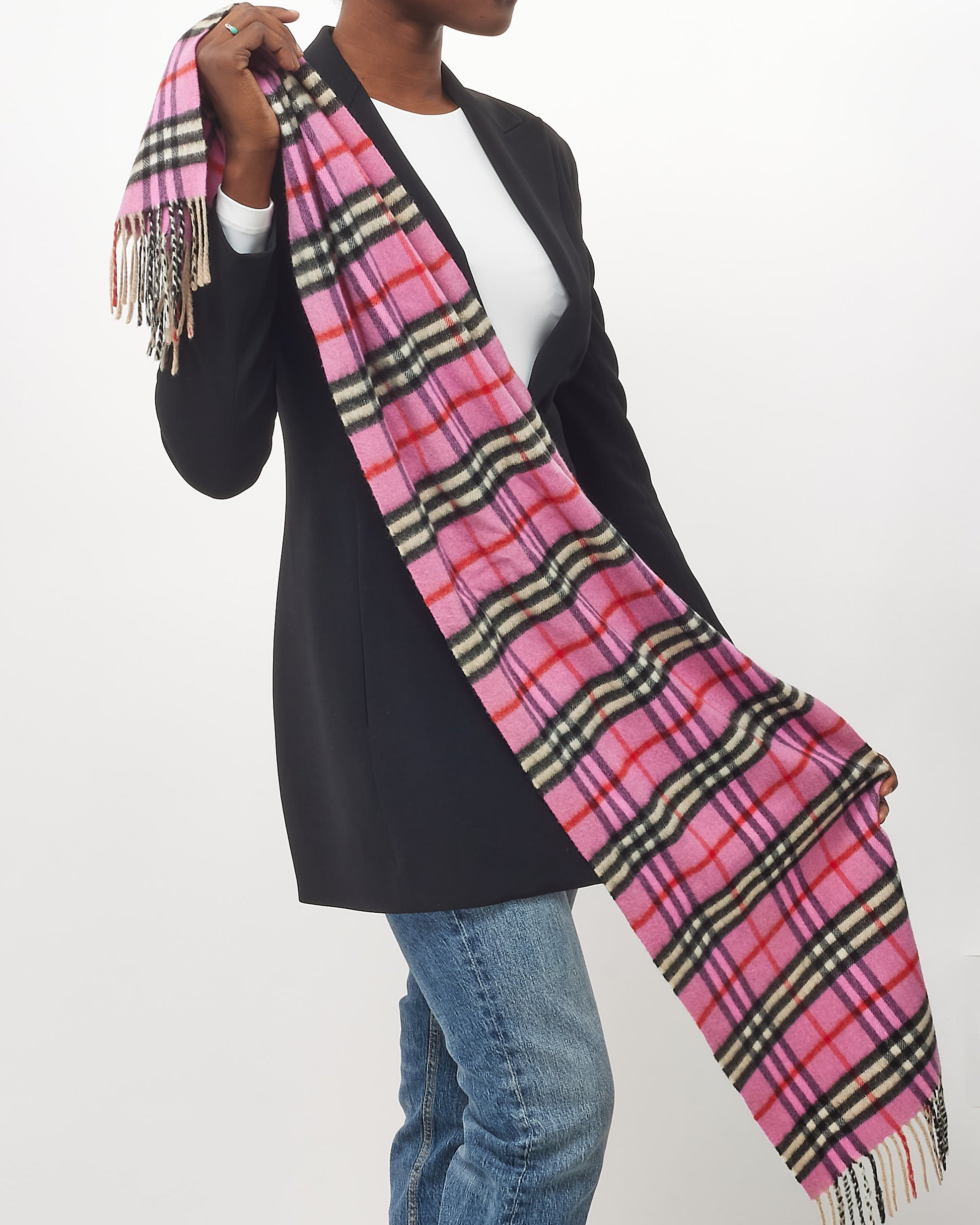 Buy Burberry Pink Cashmere Wool Nova Check Fringe Scarf