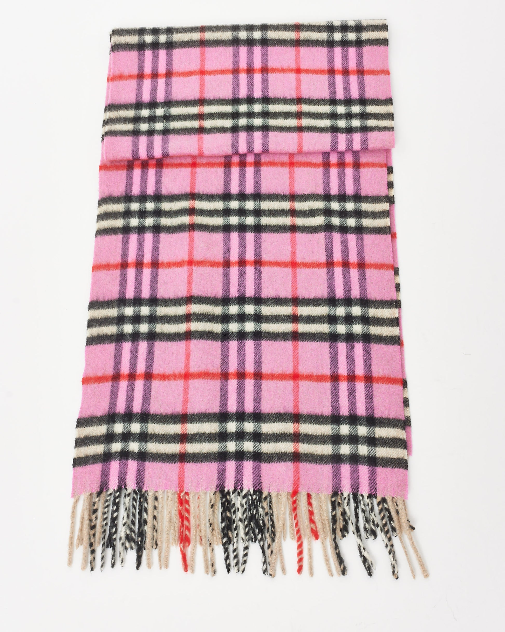 Buy Burberry Pink Cashmere Wool Nova Check Fringe Scarf