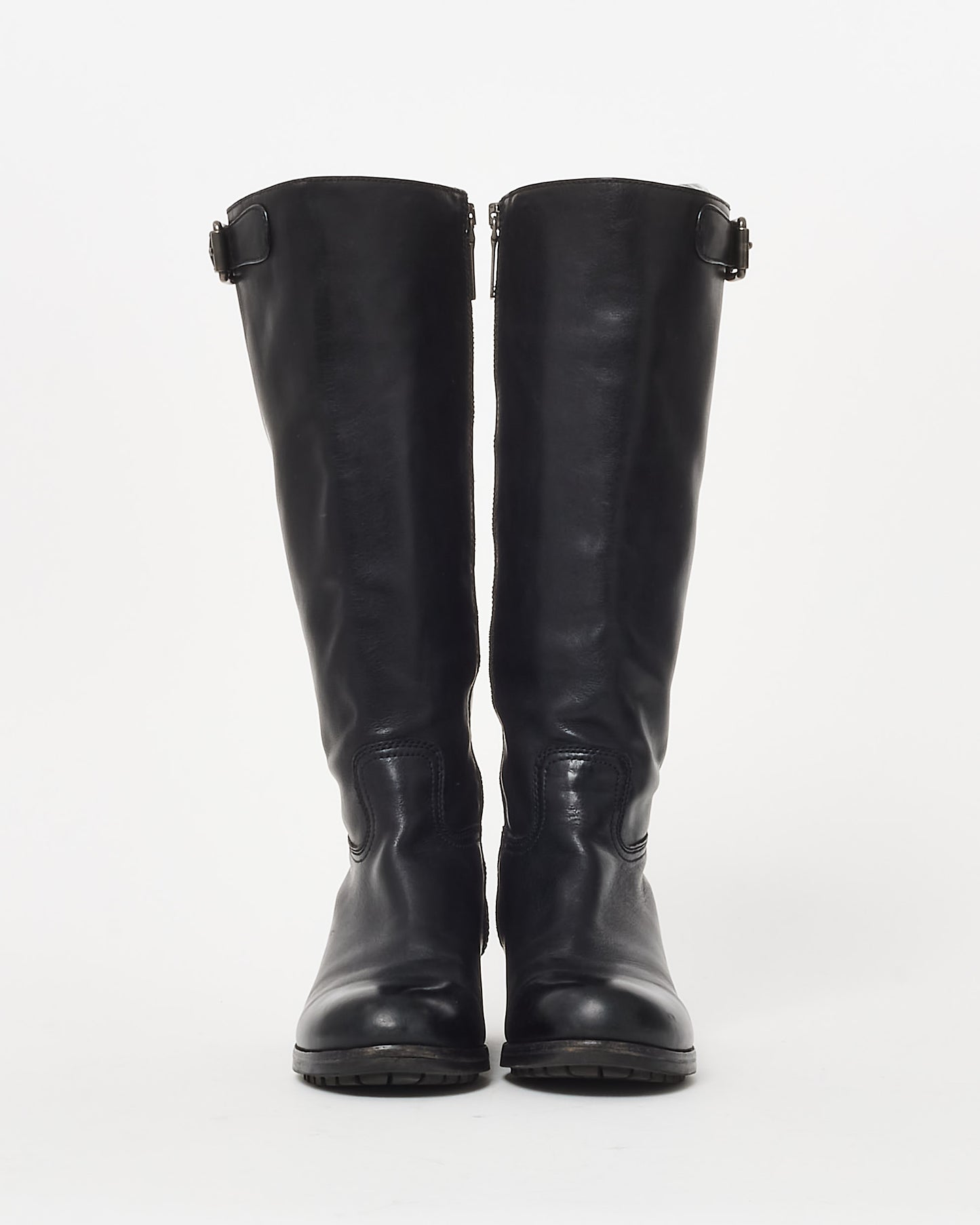 Prada Black Leather Buckle Zip Knee-High Boots - 36