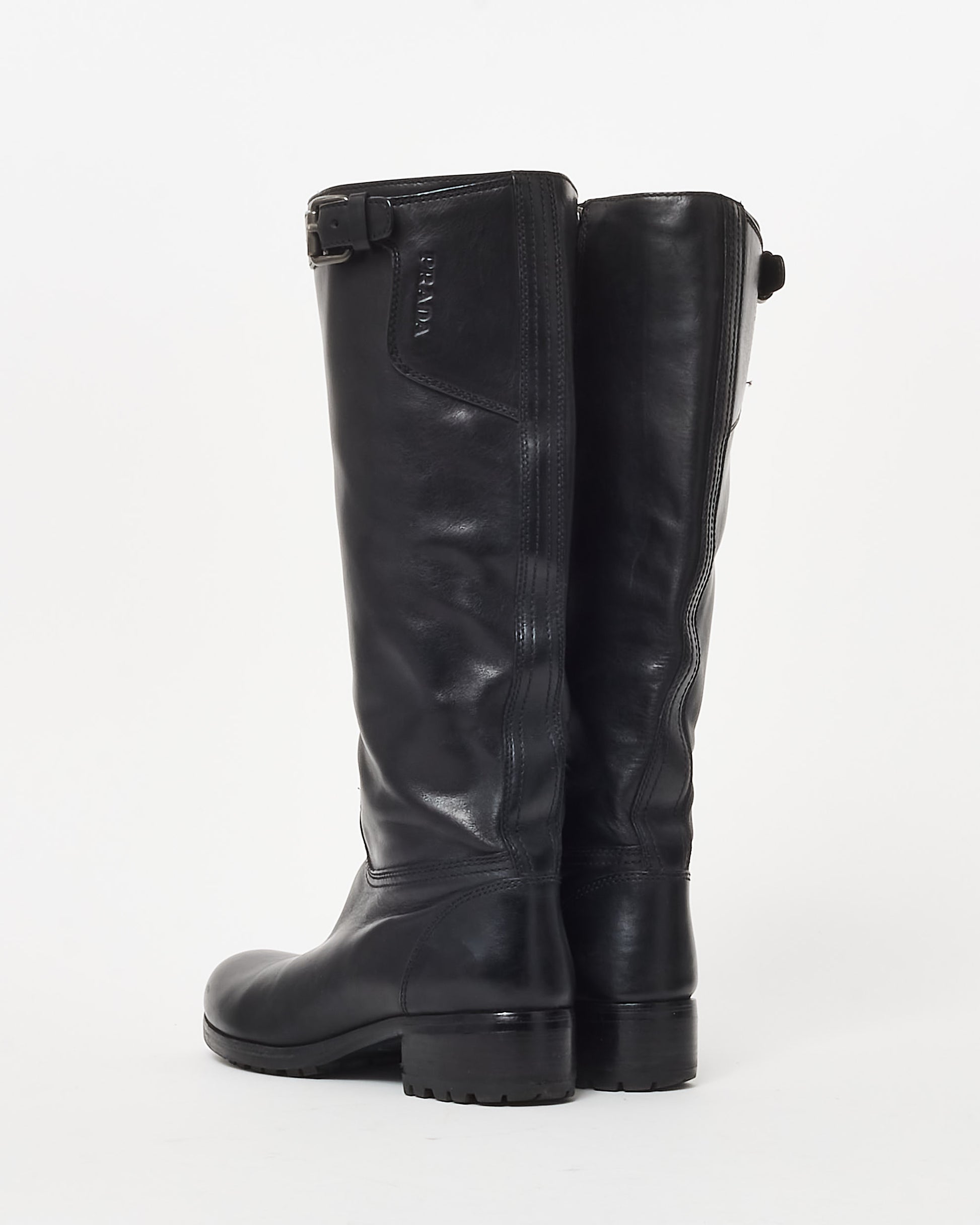 Buy Prada Black Leather Buckle Zip Knee-High Boots 36
