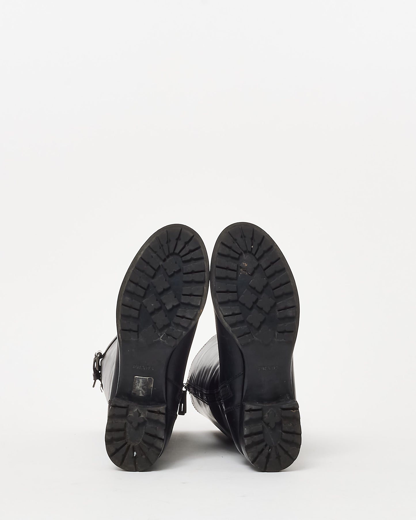 Prada Black Leather Buckle Zip Knee-High Boots - 36