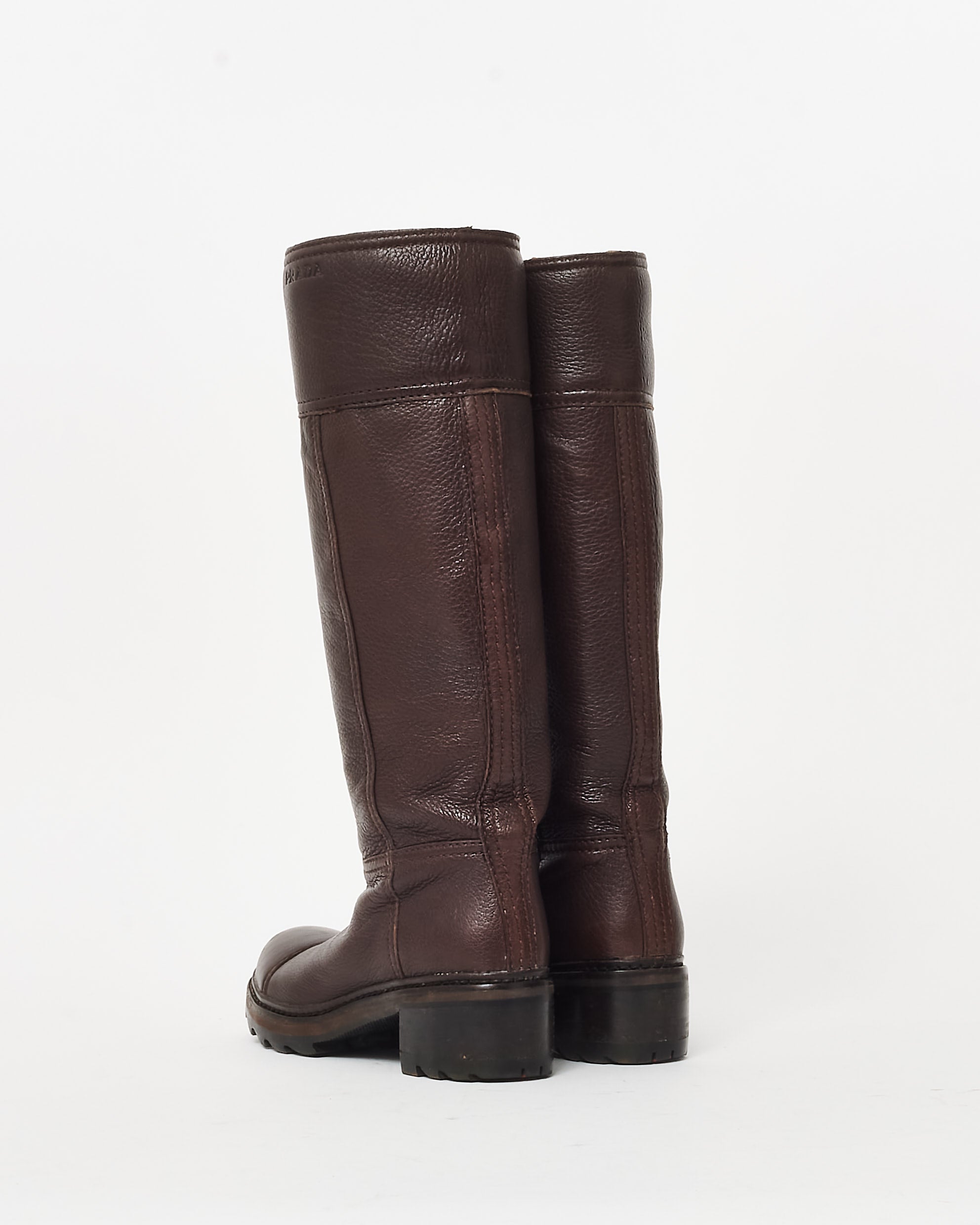 Buy Prada Brown Pebbled Leather Logo Knee-High Boots - 36