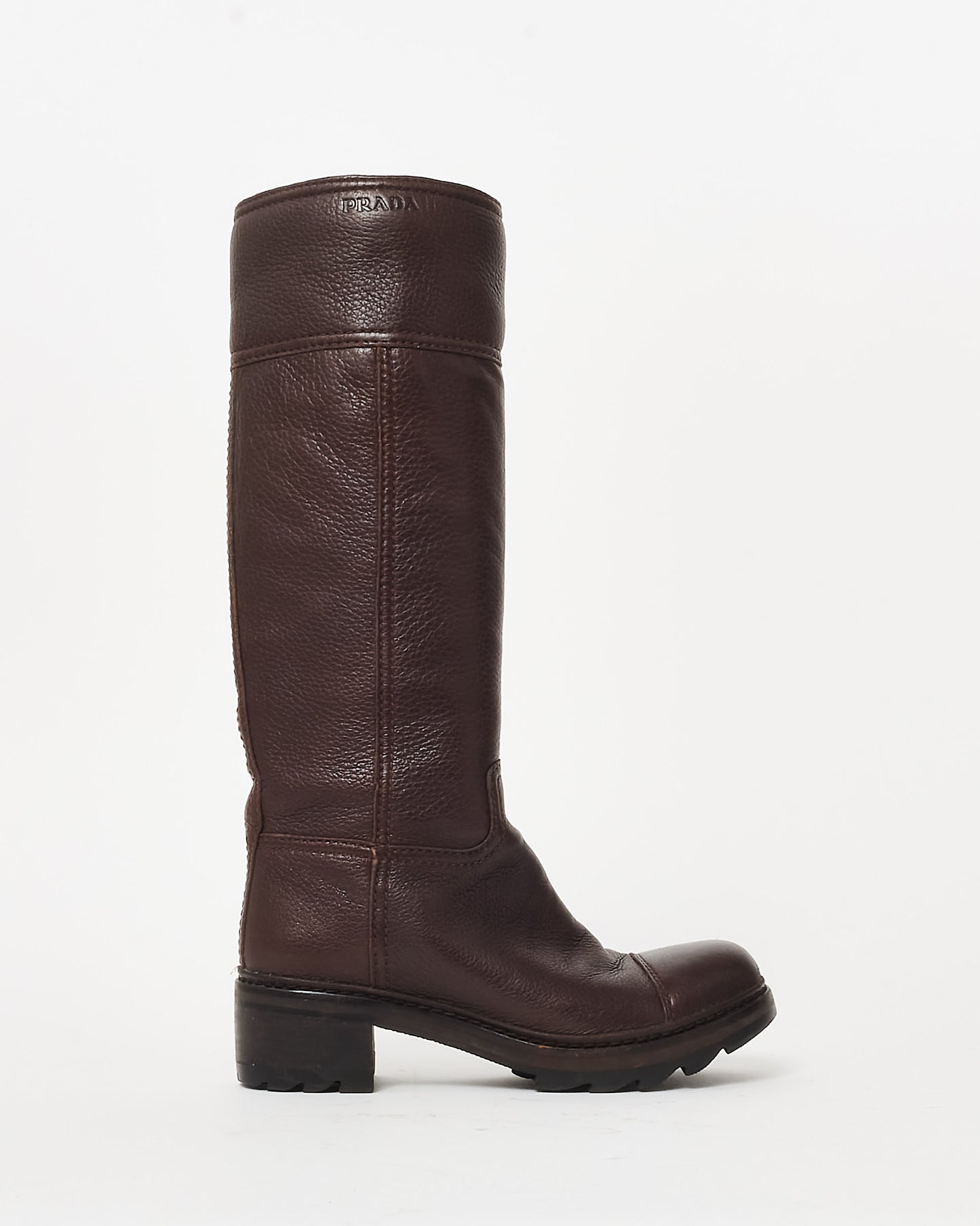 Buy Prada Brown Pebbled Leather Logo Knee-High Boots 36