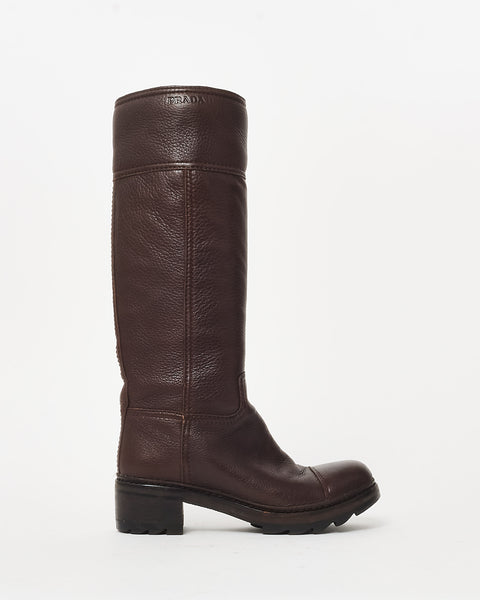 Buy Prada Brown Pebbled Leather Logo Knee-High Boots - 36