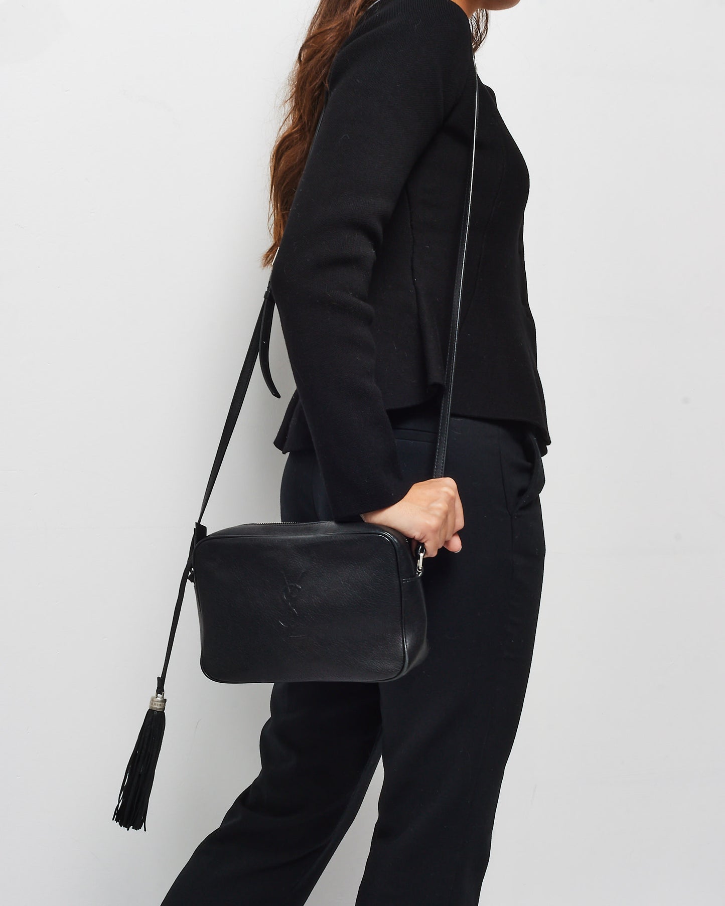 Saint Laurent Black Leather Embossed Logo Lou Camera Bag