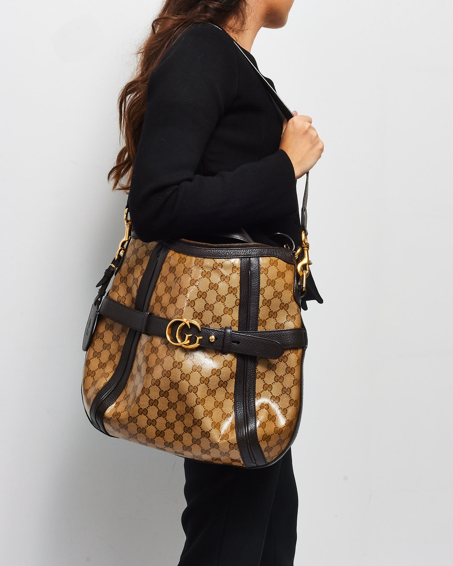 Gucci Monogram Brown Coated Canvas GG Shoulder Hobo Bag
