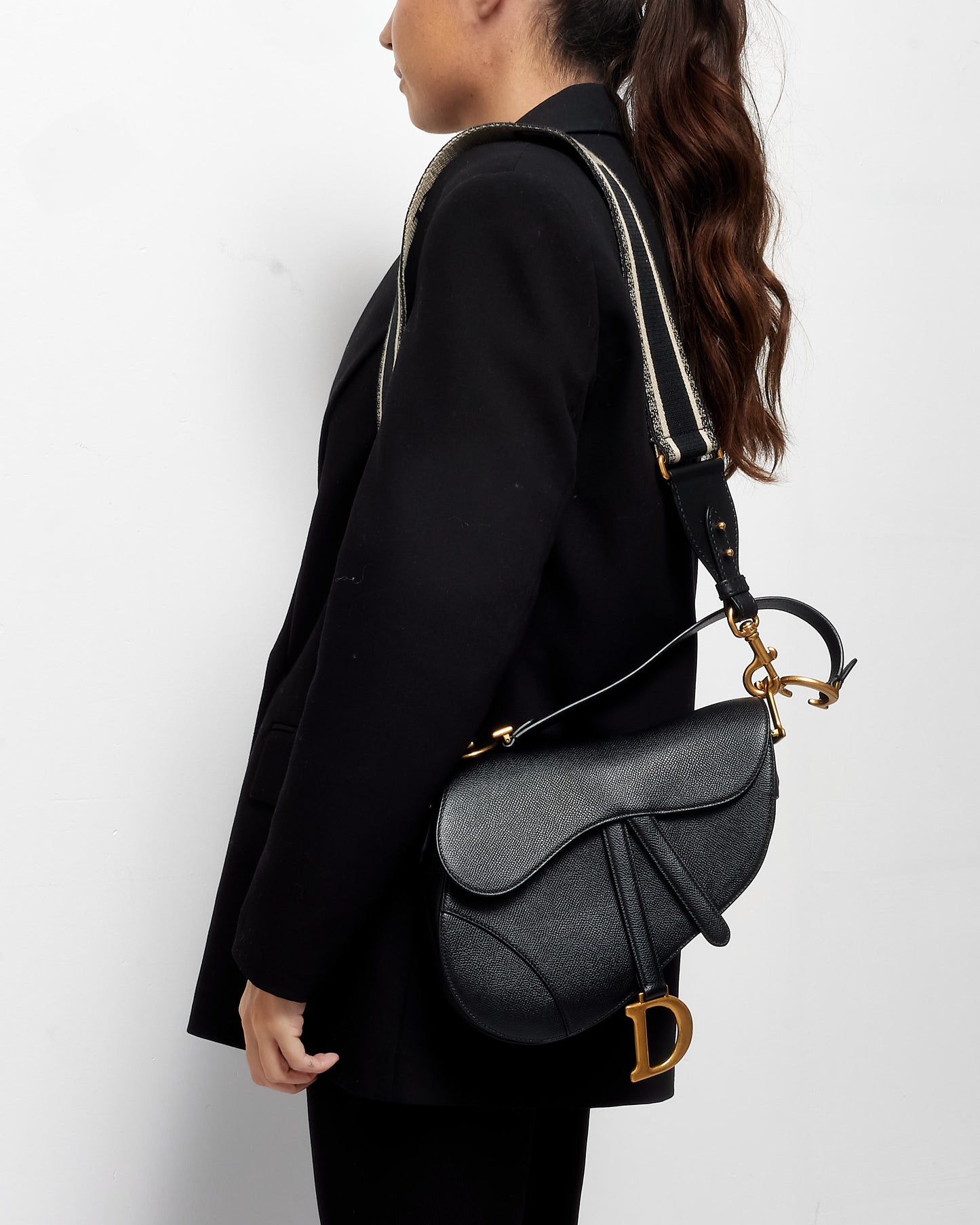 Dior Black Grained Leather Saddle Bag W/ Black & White Embroidered Guitar Strap