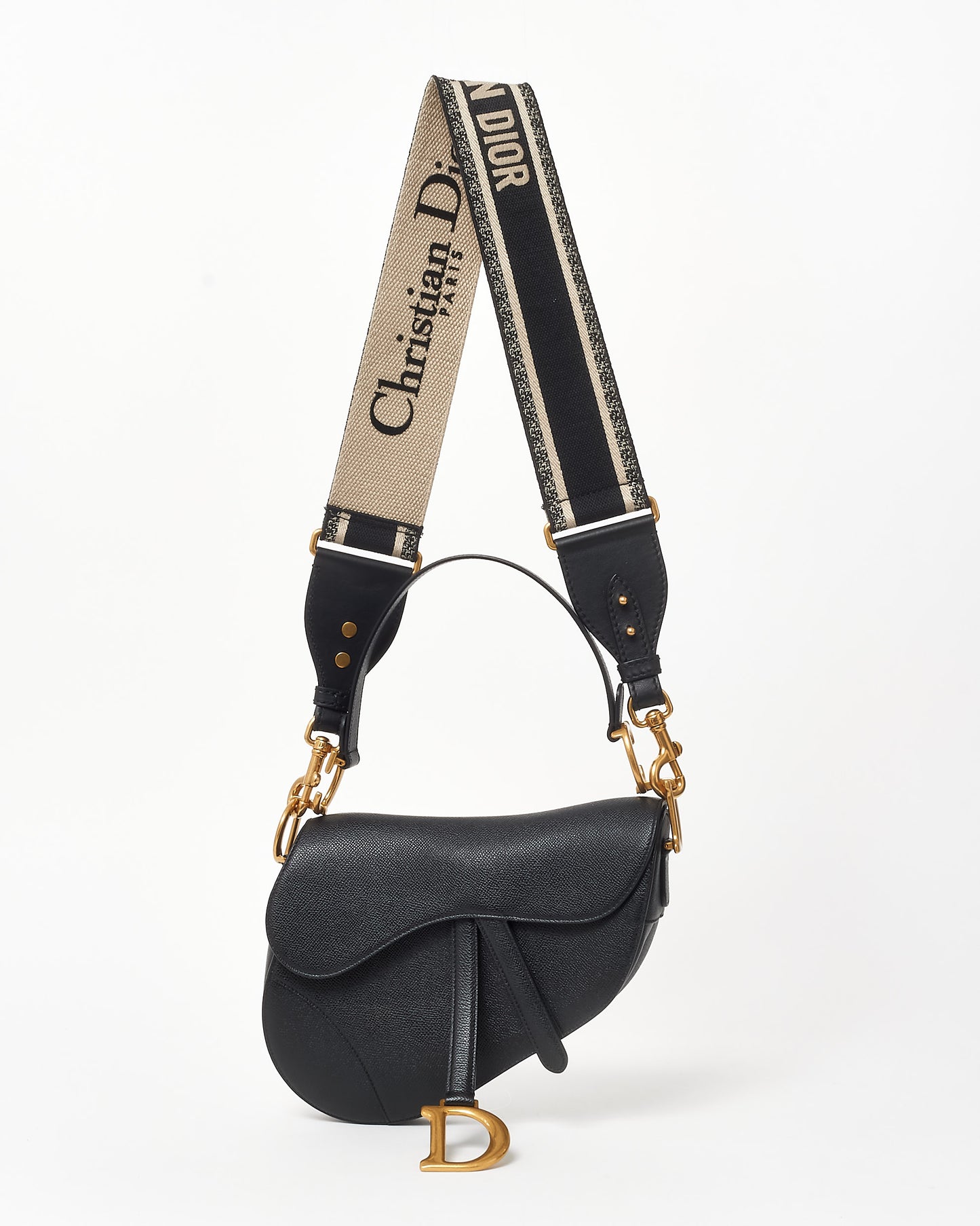 Dior Black Grained Leather Saddle Bag W/ Black & White Embroidered Guitar Strap