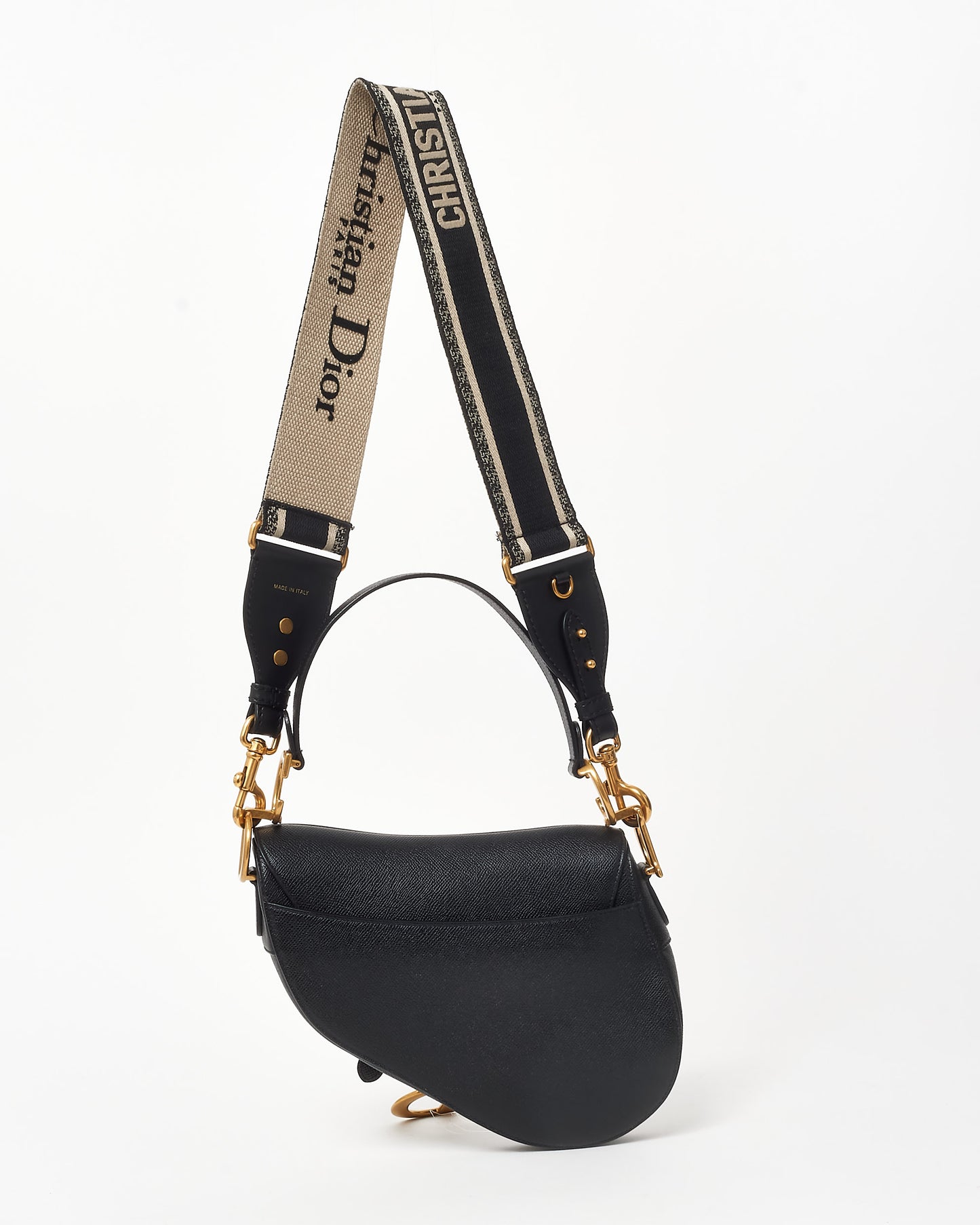 Dior Black Grained Leather Saddle Bag W/ Black & White Embroidered Guitar Strap