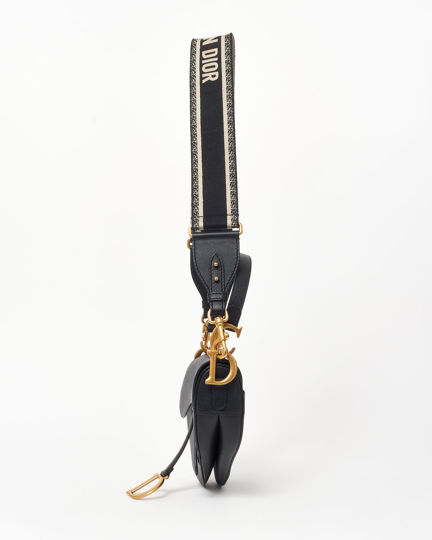 Dior Black Grained Leather Saddle Bag W/ Black & White Embroidered Guitar Strap