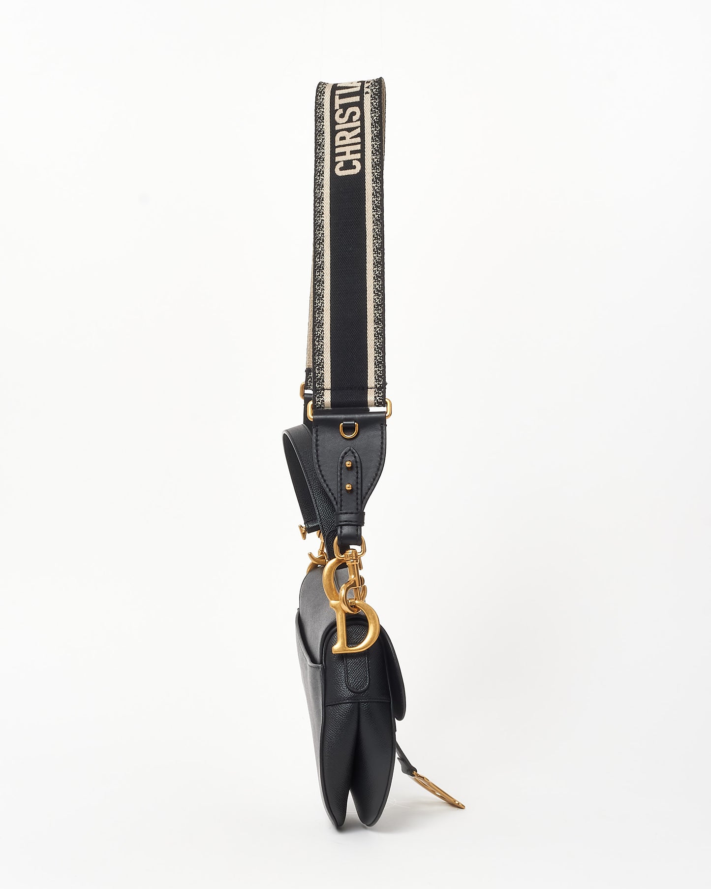 Dior Black Grained Leather Saddle Bag W/ Black & White Embroidered Guitar Strap