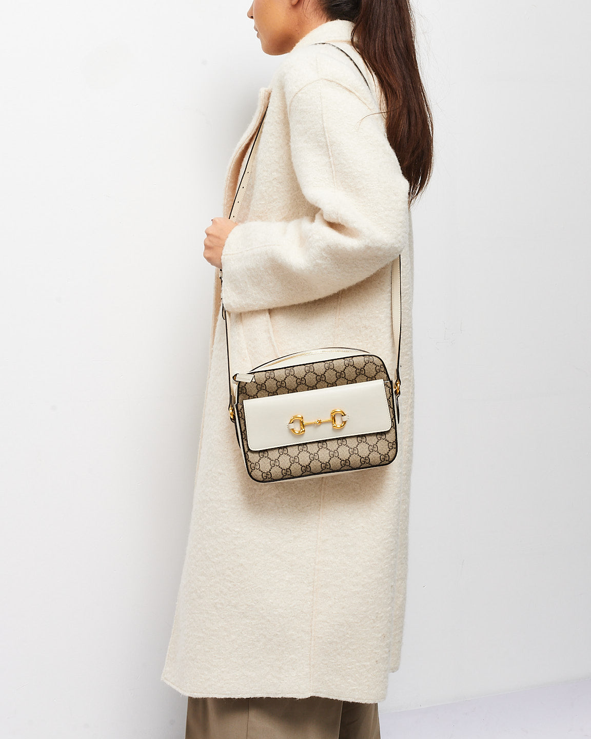 Gucci Monogram Coated Canvas & Cream Leather 1955 Horsebit Crossbody Camera Bag