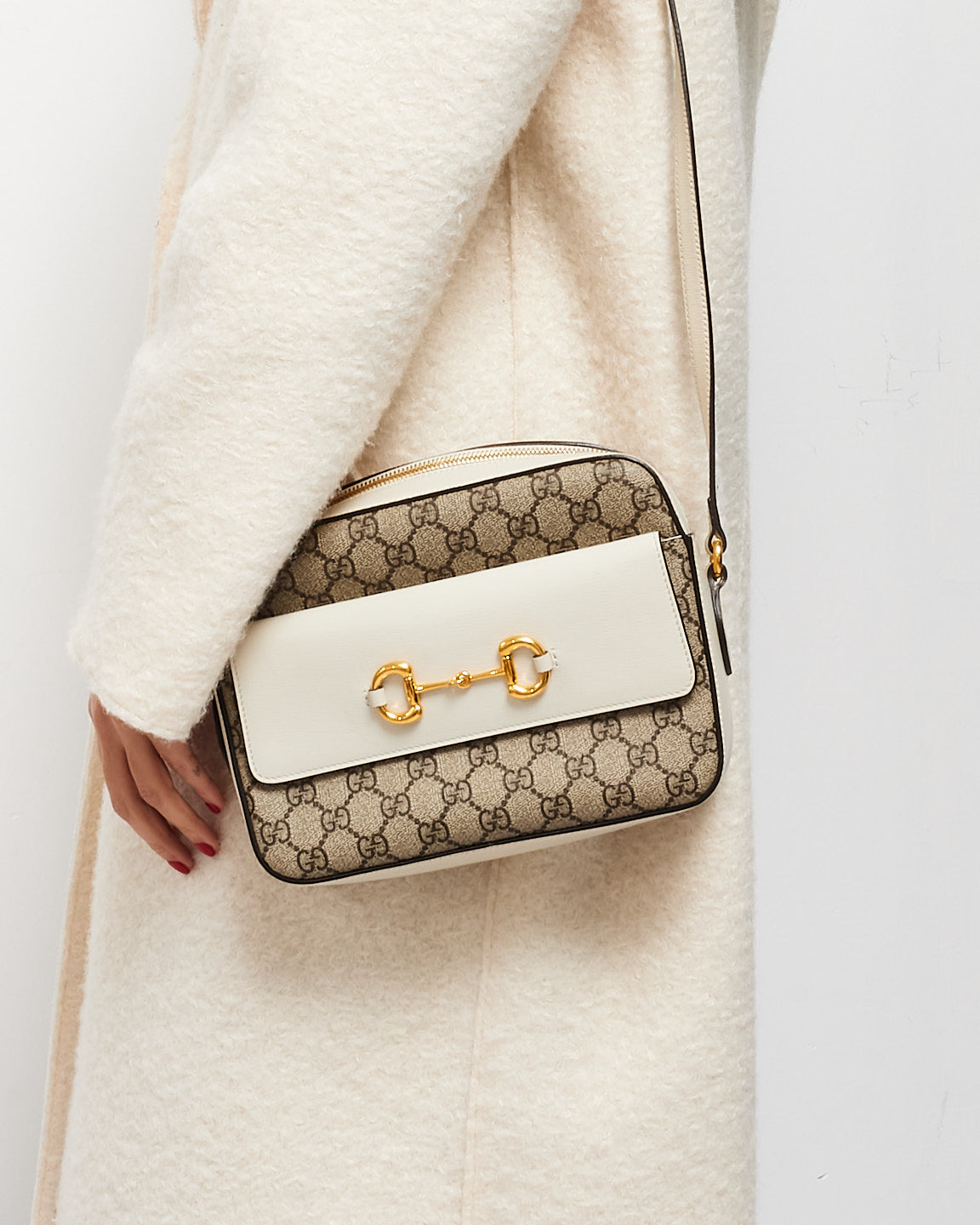 Gucci Monogram Coated Canvas & Cream Leather 1955 Horsebit Crossbody Camera Bag