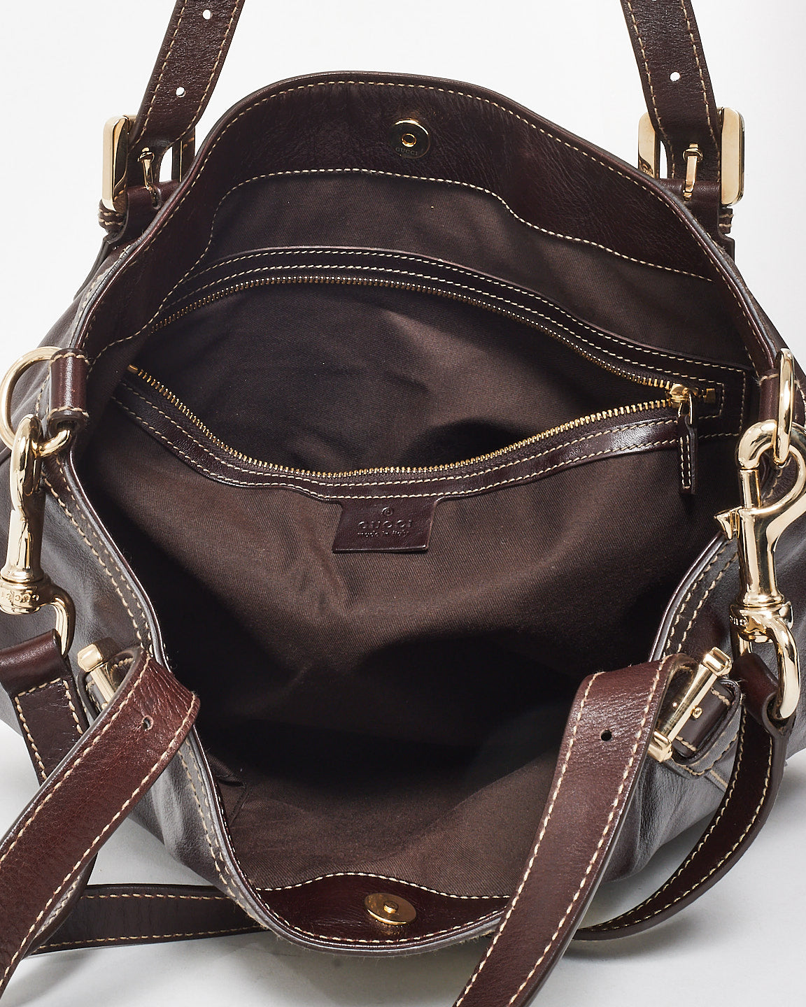 Gucci Vintage Brown Leather Silver GG Logo & Web Shoulder Bag W/ Strap