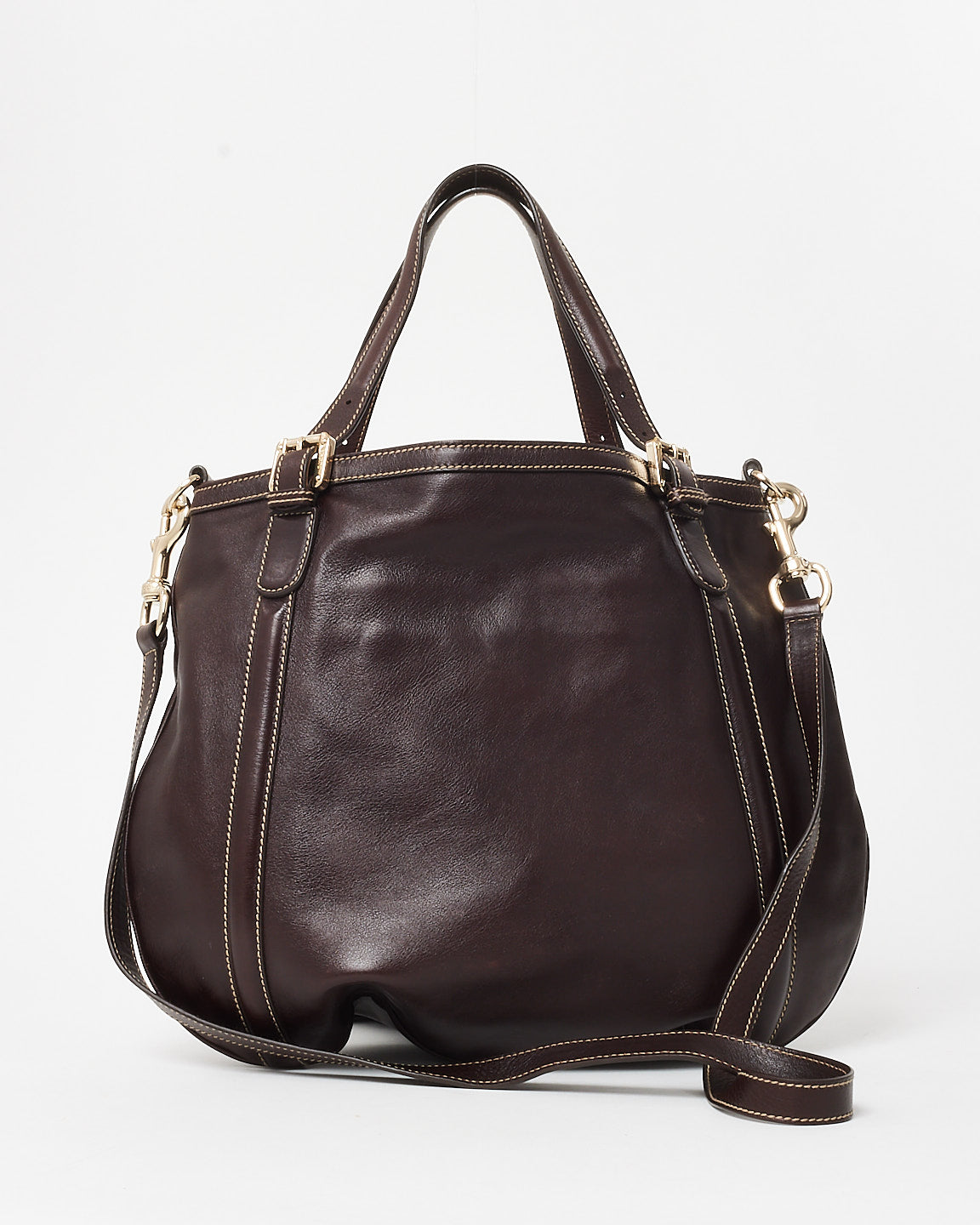 Gucci Vintage Brown Leather Silver GG Logo & Web Shoulder Bag W/ Strap