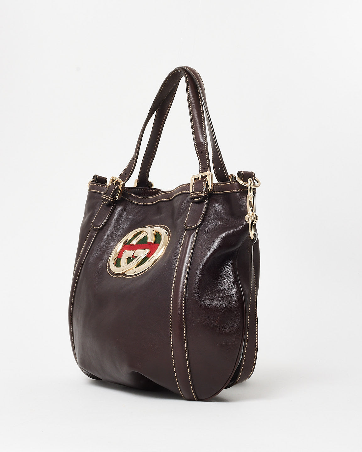 Gucci Vintage Brown Leather Silver GG Logo & Web Shoulder Bag W/ Strap