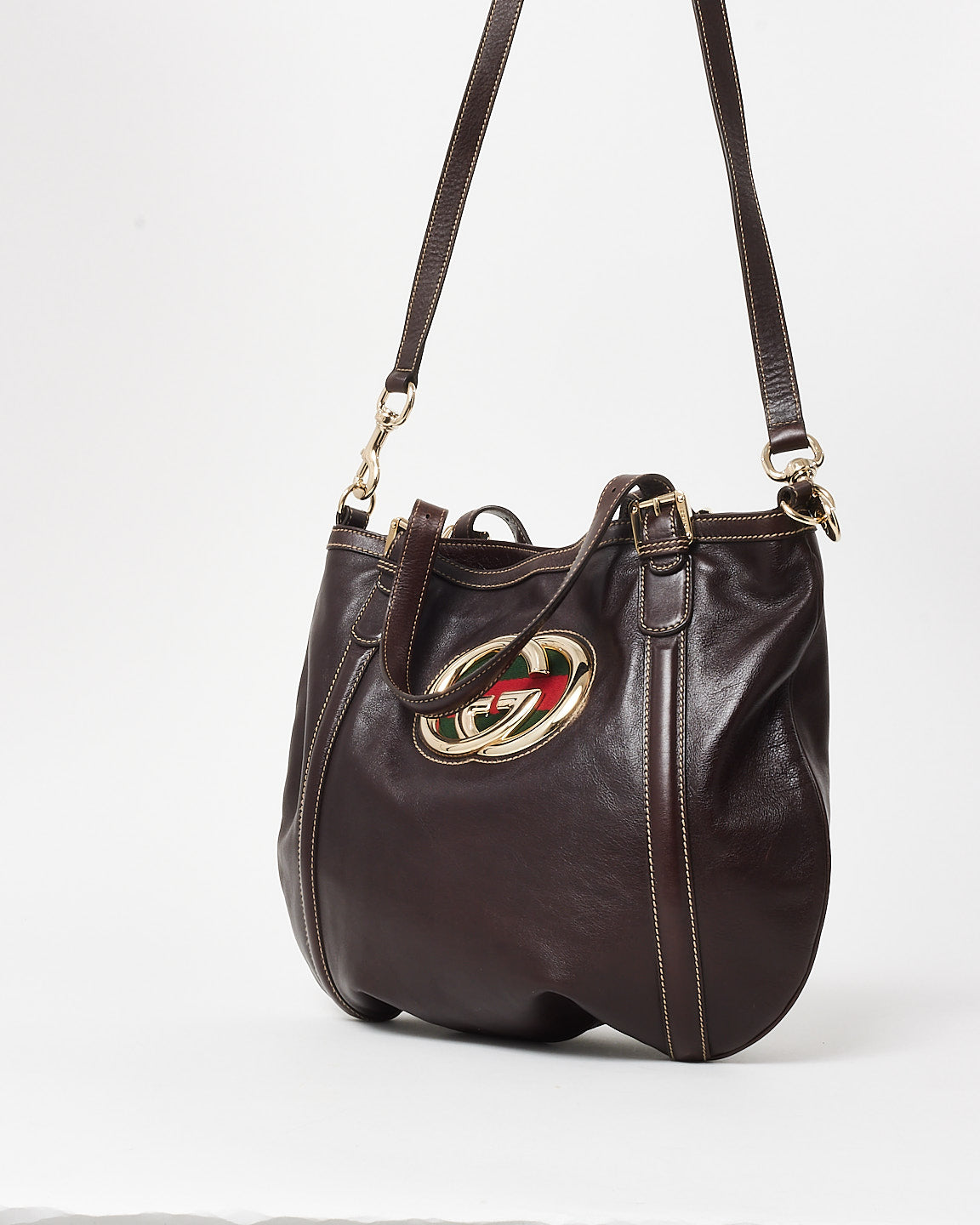 Gucci Vintage Brown Leather Silver GG Logo & Web Shoulder Bag W/ Strap