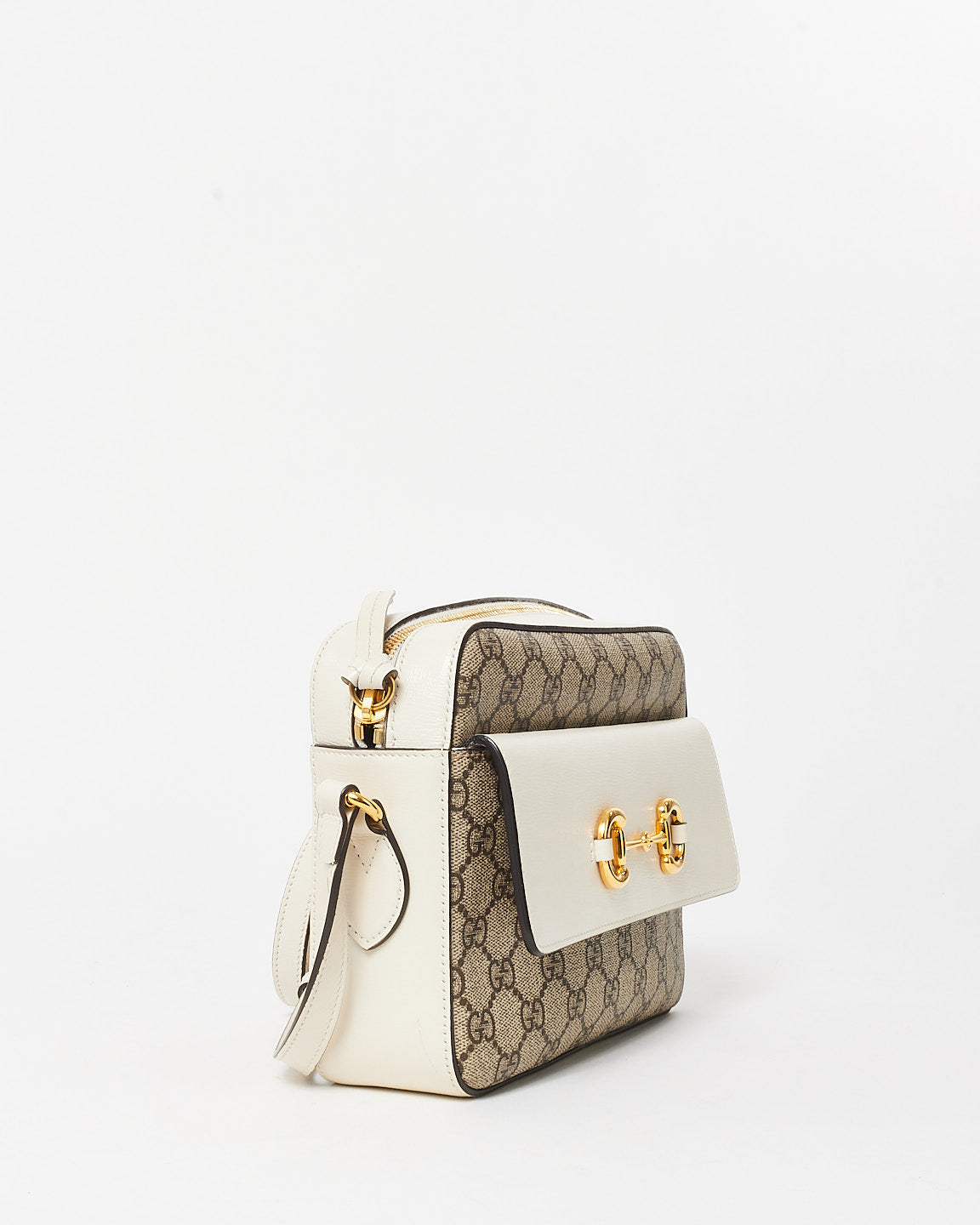 Gucci Monogram Coated Canvas & Cream Leather 1955 Horsebit Crossbody Camera Bag
