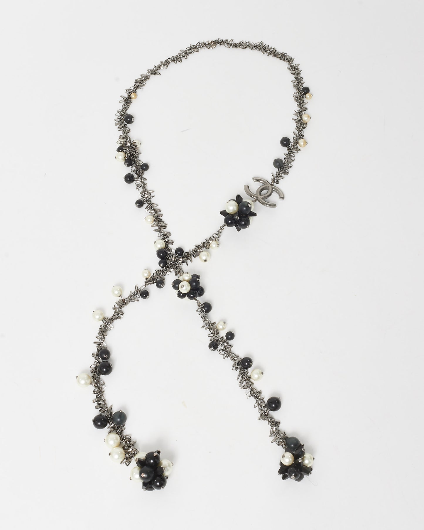 Chanel Black & White Faux Pearl Silver-Toned Chain Flower CC Logo Long Necklace