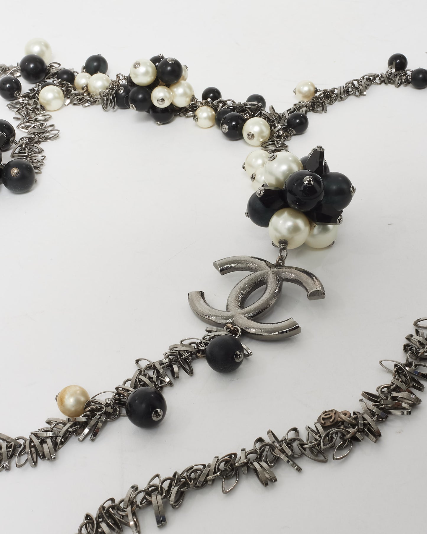 Chanel Black & White Faux Pearl Silver-Toned Chain Flower CC Logo Long Necklace