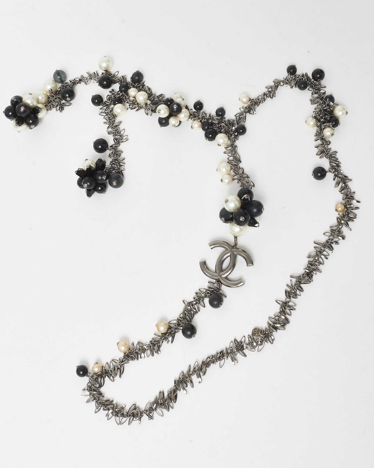 Chanel Black & White Faux Pearl Silver-Toned Chain Flower CC Logo Long Necklace