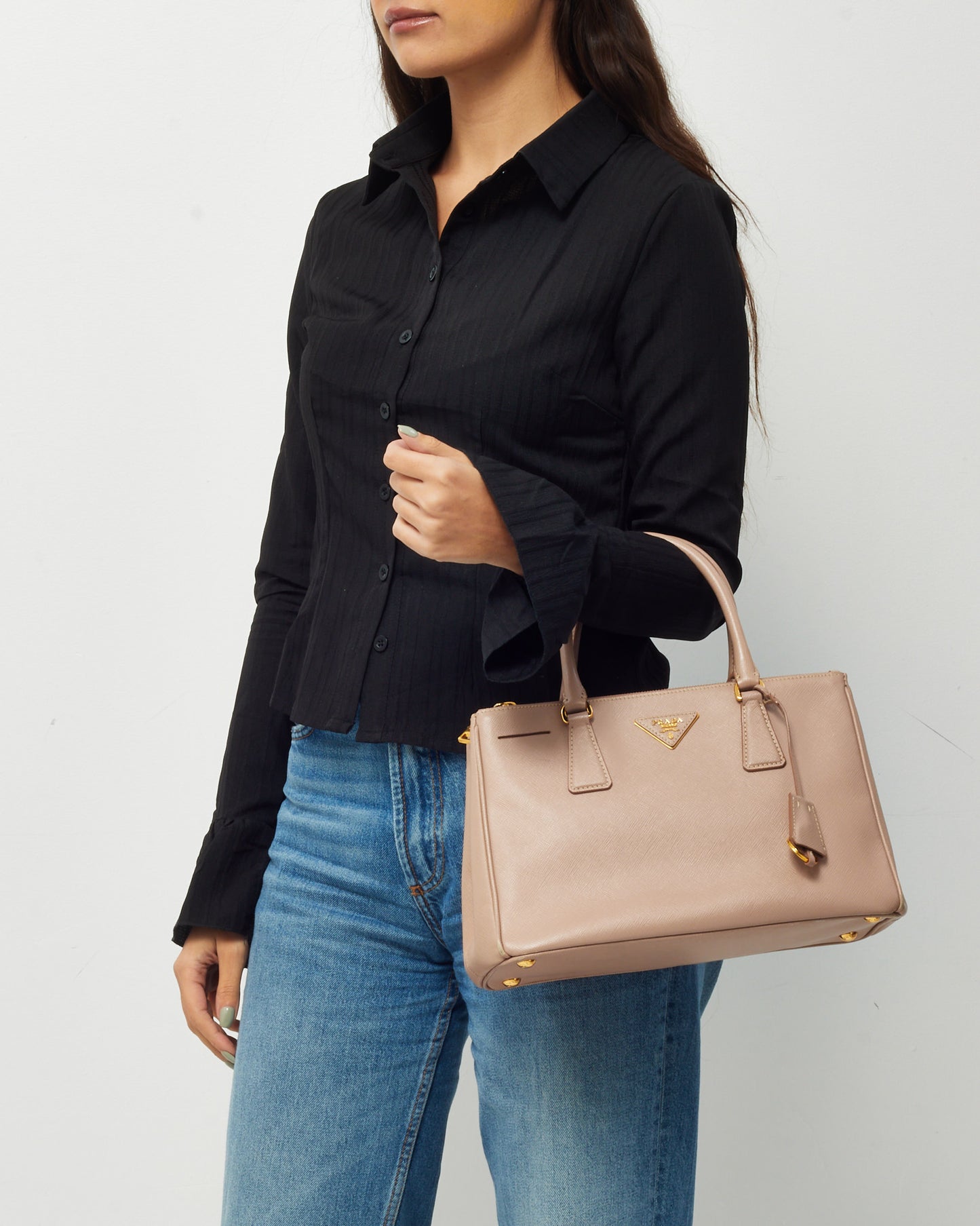 Prada Blush Pink Saffiano Leather Small Galleria Double Zip Tote with Strap