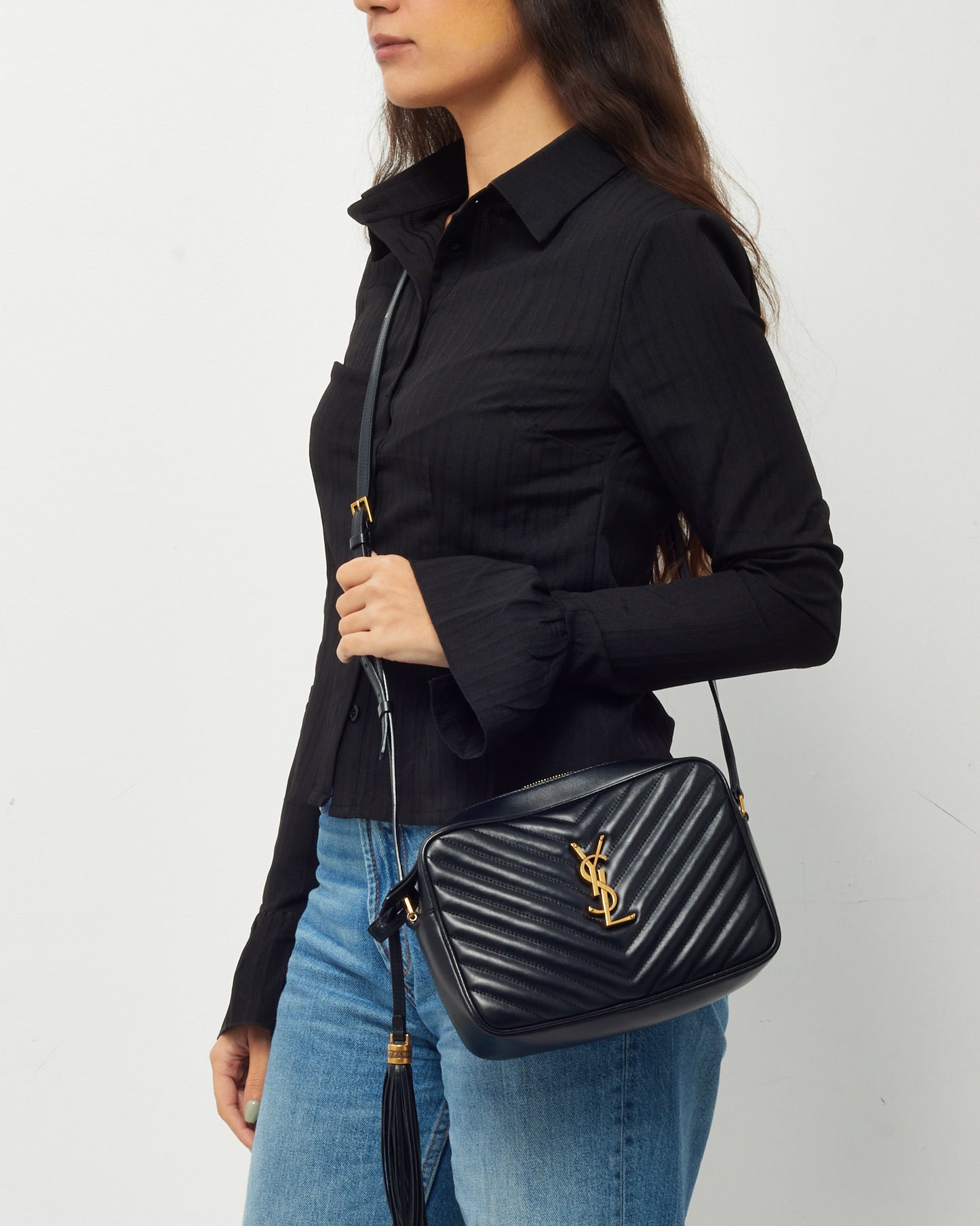 Saint Laurent Black Chevron Leather YSL Lou Camera Bag GHW