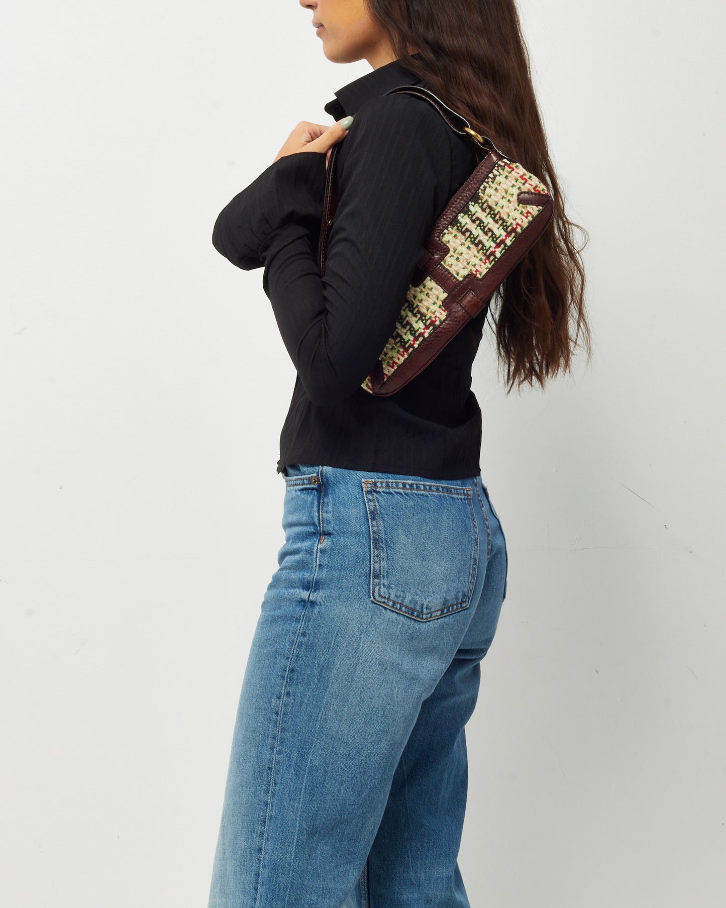 Burberry Brown Leather and Cream/Multi Tweed Baguette Zip Shoulder Bag