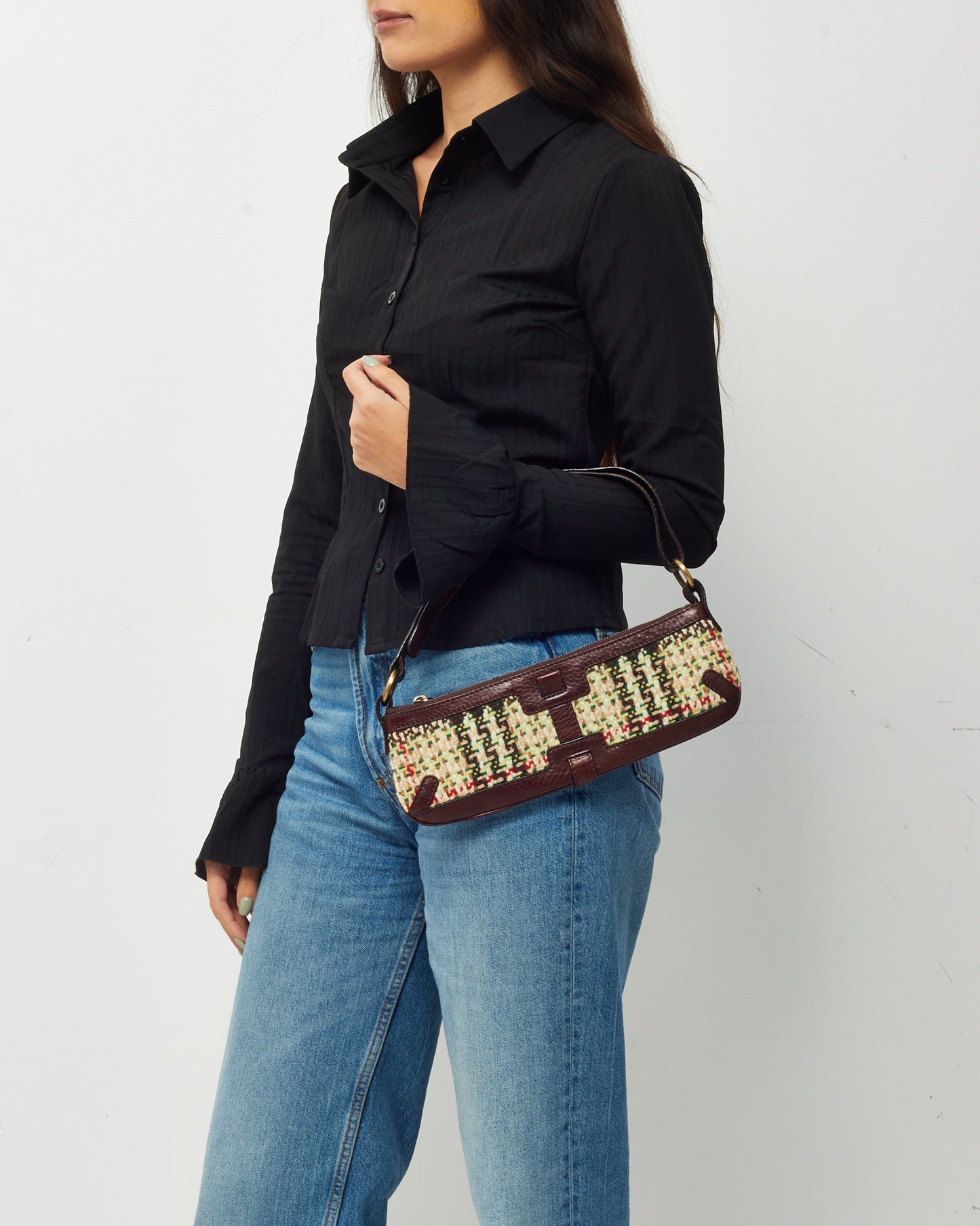 Burberry Brown Leather and Cream/Multi Tweed Baguette Zip Shoulder Bag