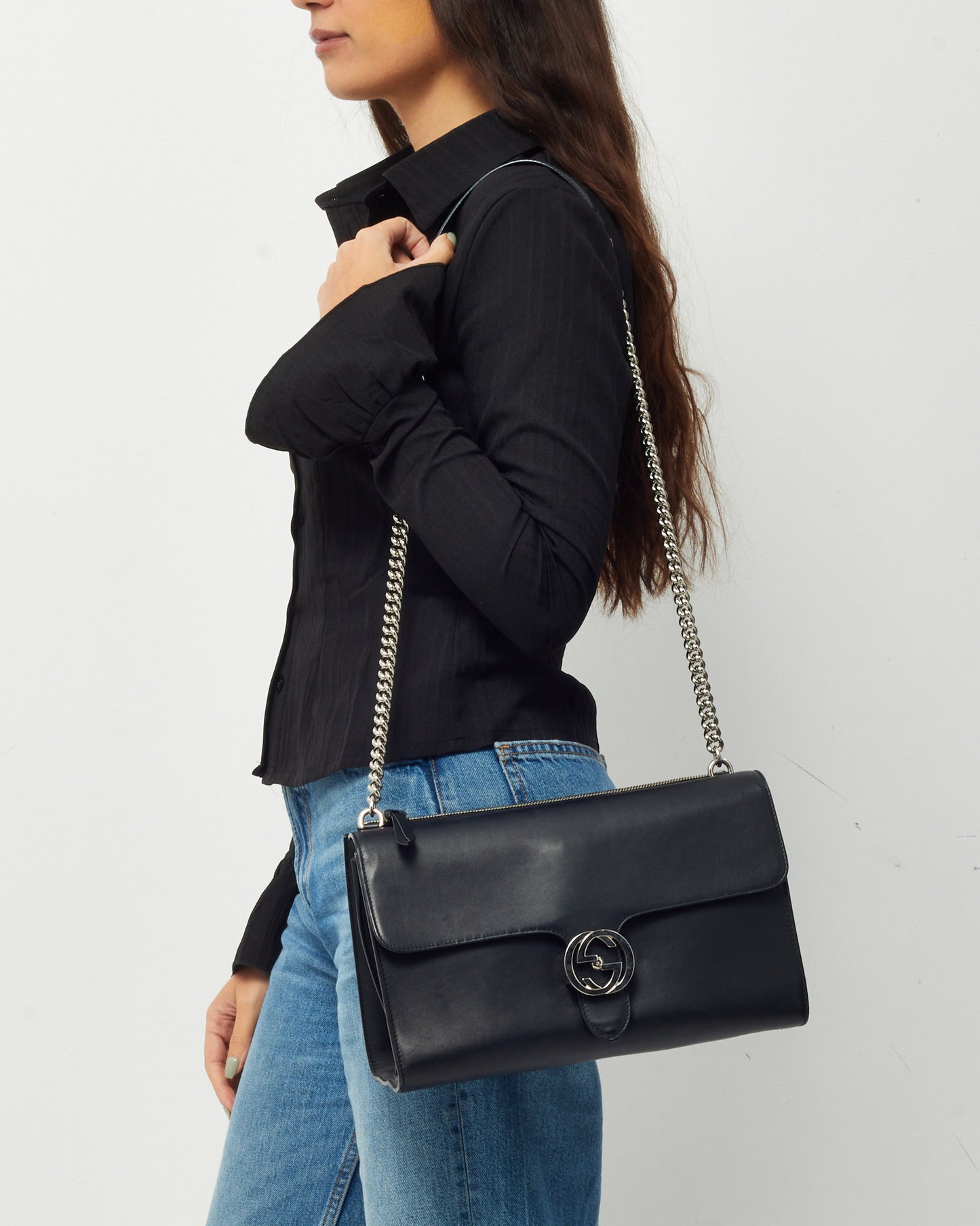 Gucci Black Smooth Leather Interlocking G Dollar Flap Medium Chain Shoulder Bag