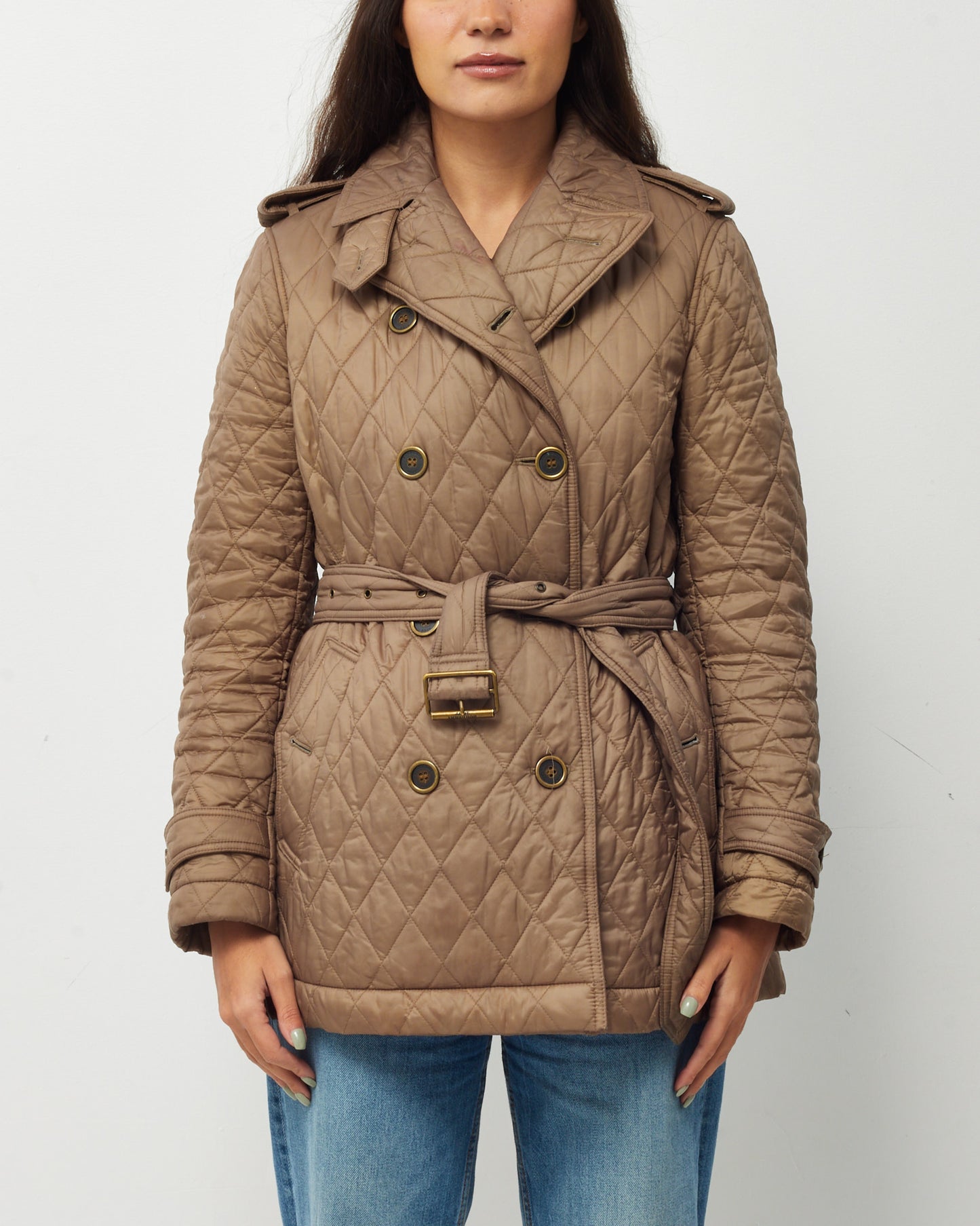 Burberry Beige Nylon Padded Quilted Belted Jacket - US 10
