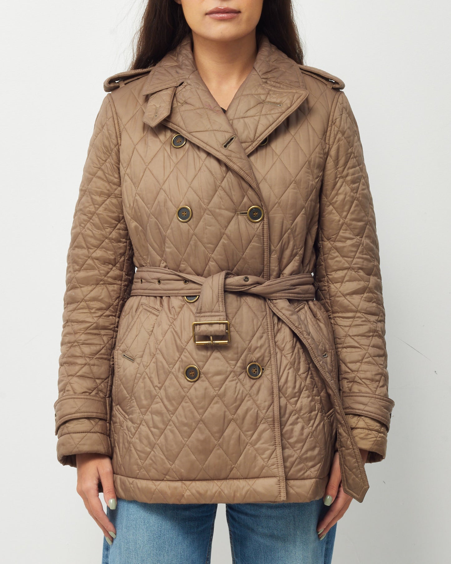 Burberry Beige Nylon Padded Quilted Belted Jacket - US 10
