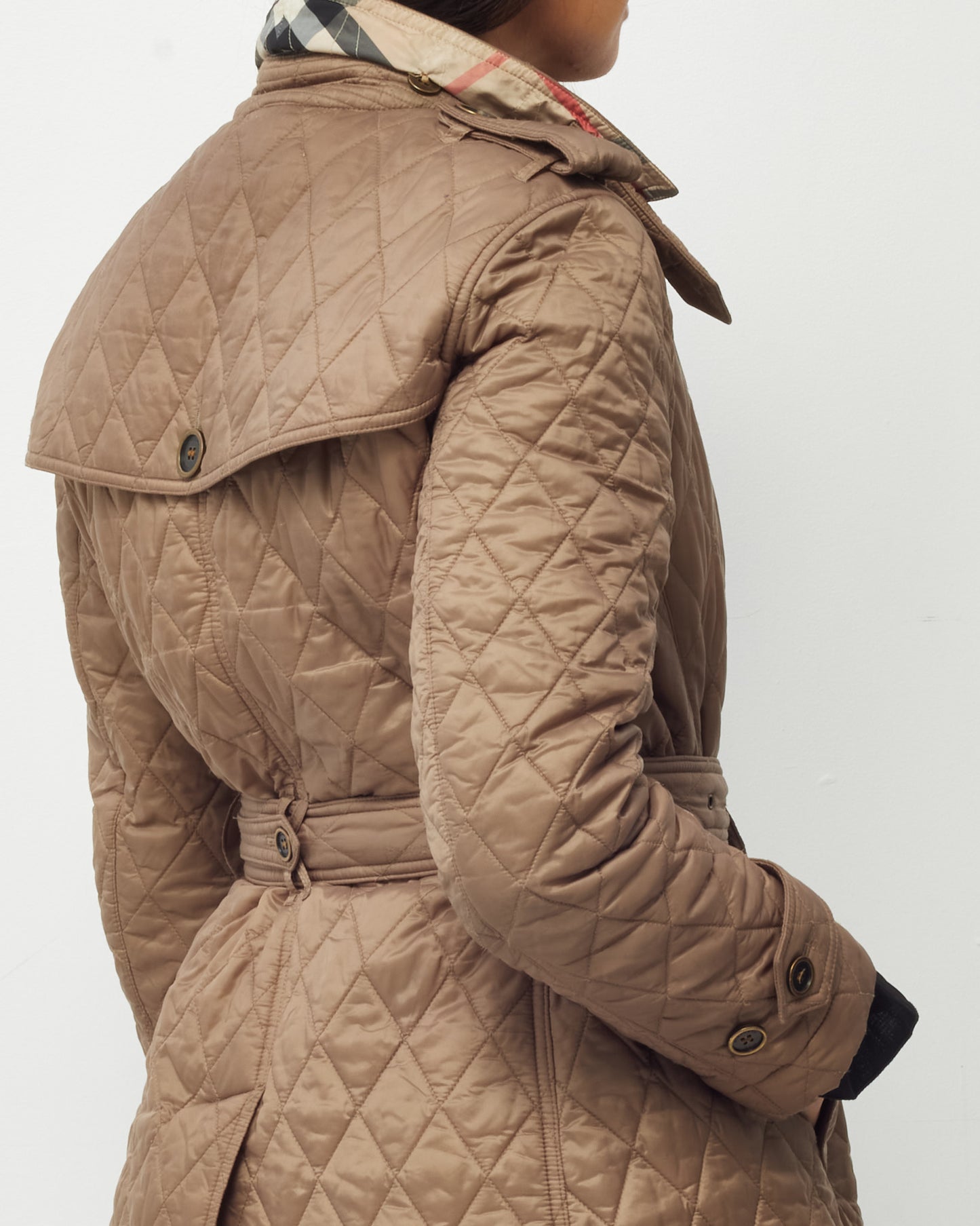 Burberry Beige Nylon Padded Quilted Belted Jacket - US 10