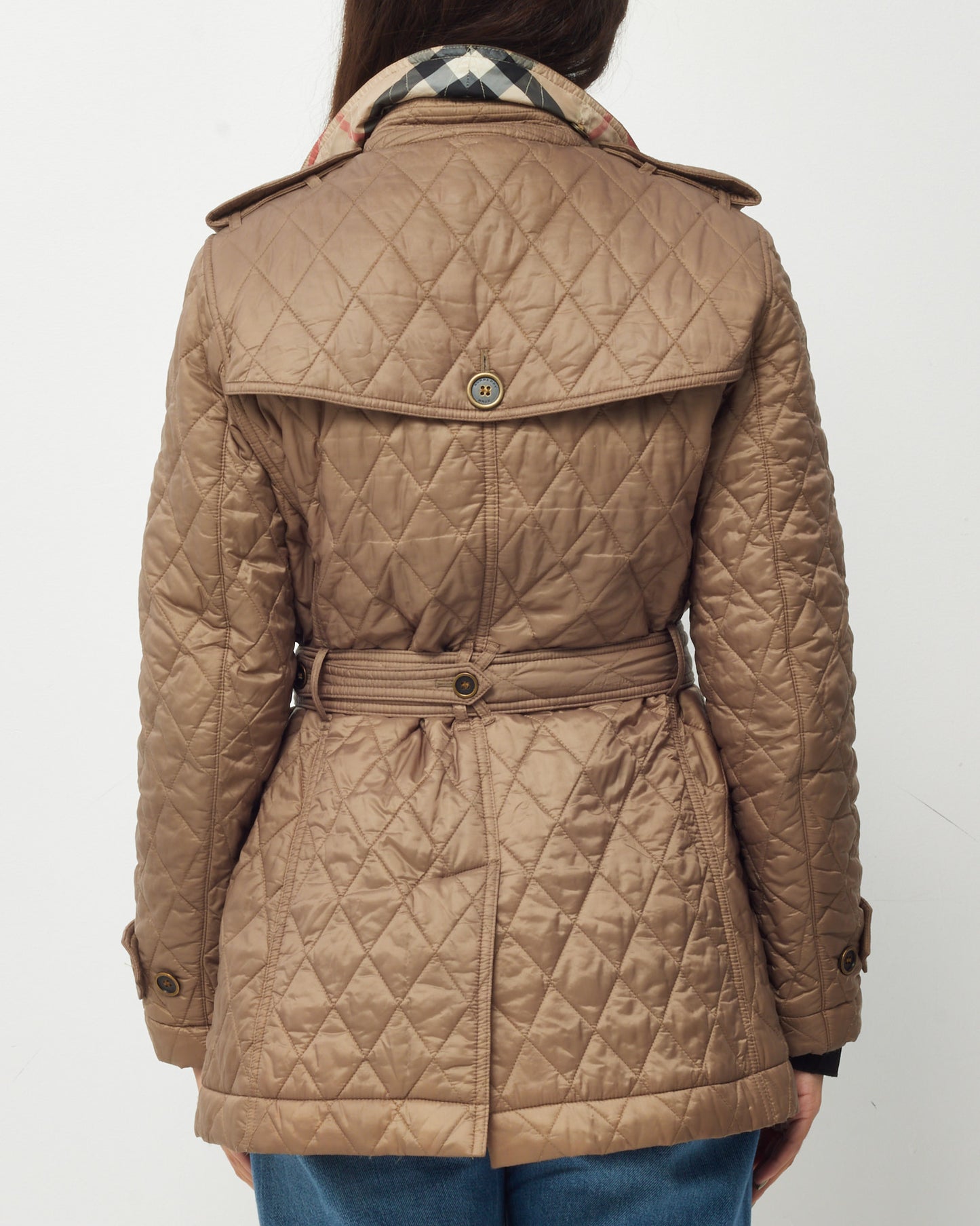 Burberry Beige Nylon Padded Quilted Belted Jacket - US 10