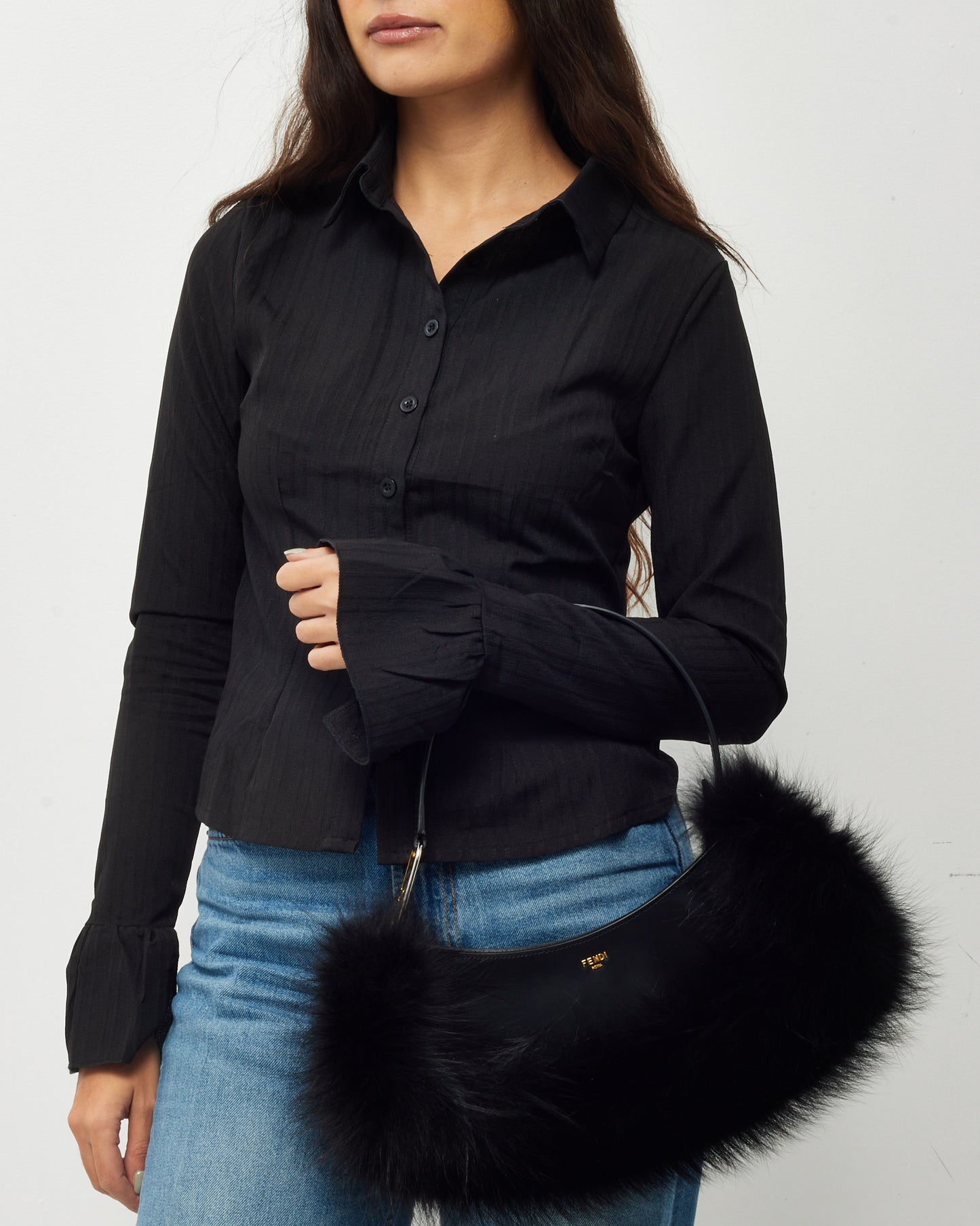 Fendi Black Leather and Fox Fur O'Lock Swing Shoulder Bag