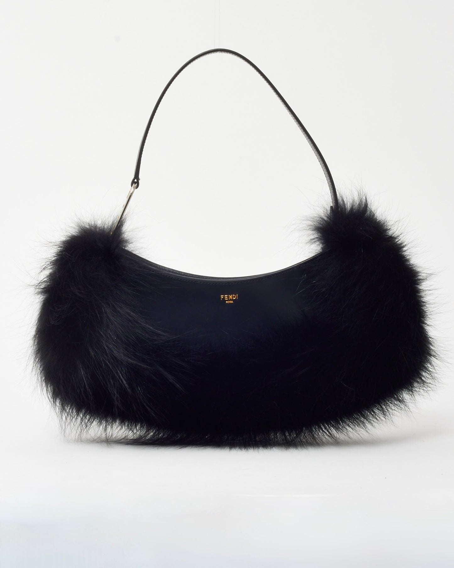 Fendi Black Leather and Fox Fur O'Lock Swing Shoulder Bag
