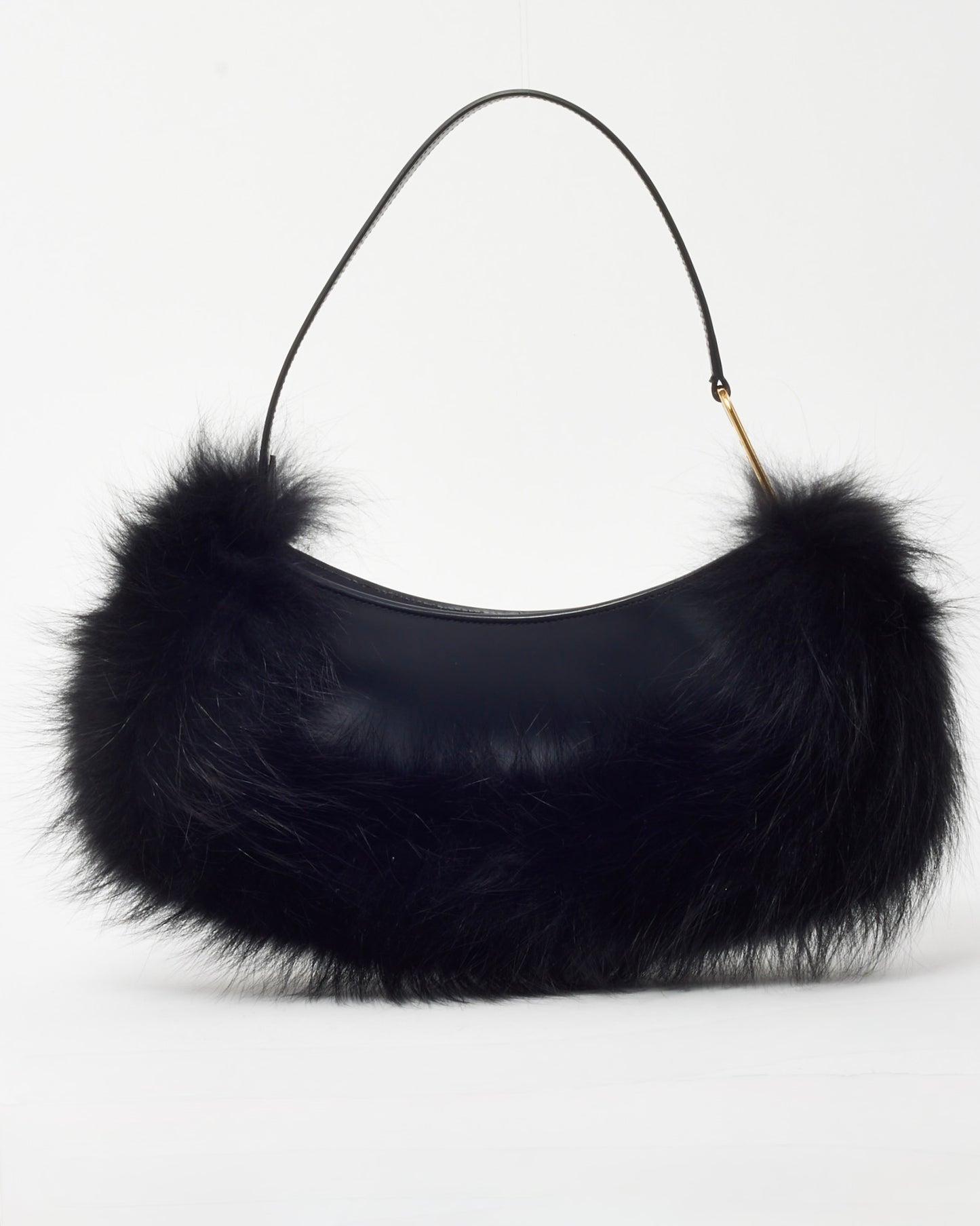 Fendi Black Leather and Fox Fur O'Lock Swing Shoulder Bag