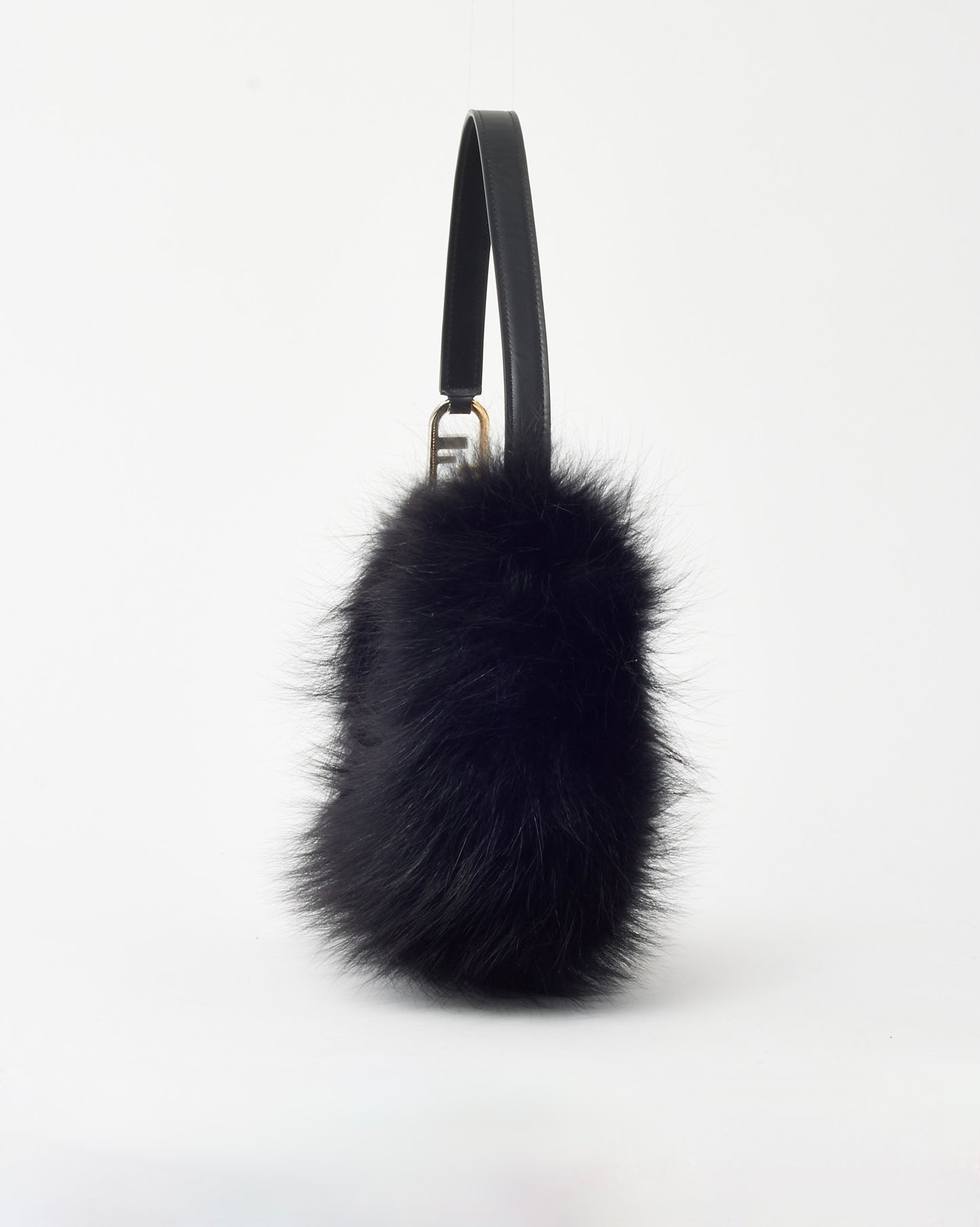 Fendi Black Leather and Fox Fur O'Lock Swing Shoulder Bag