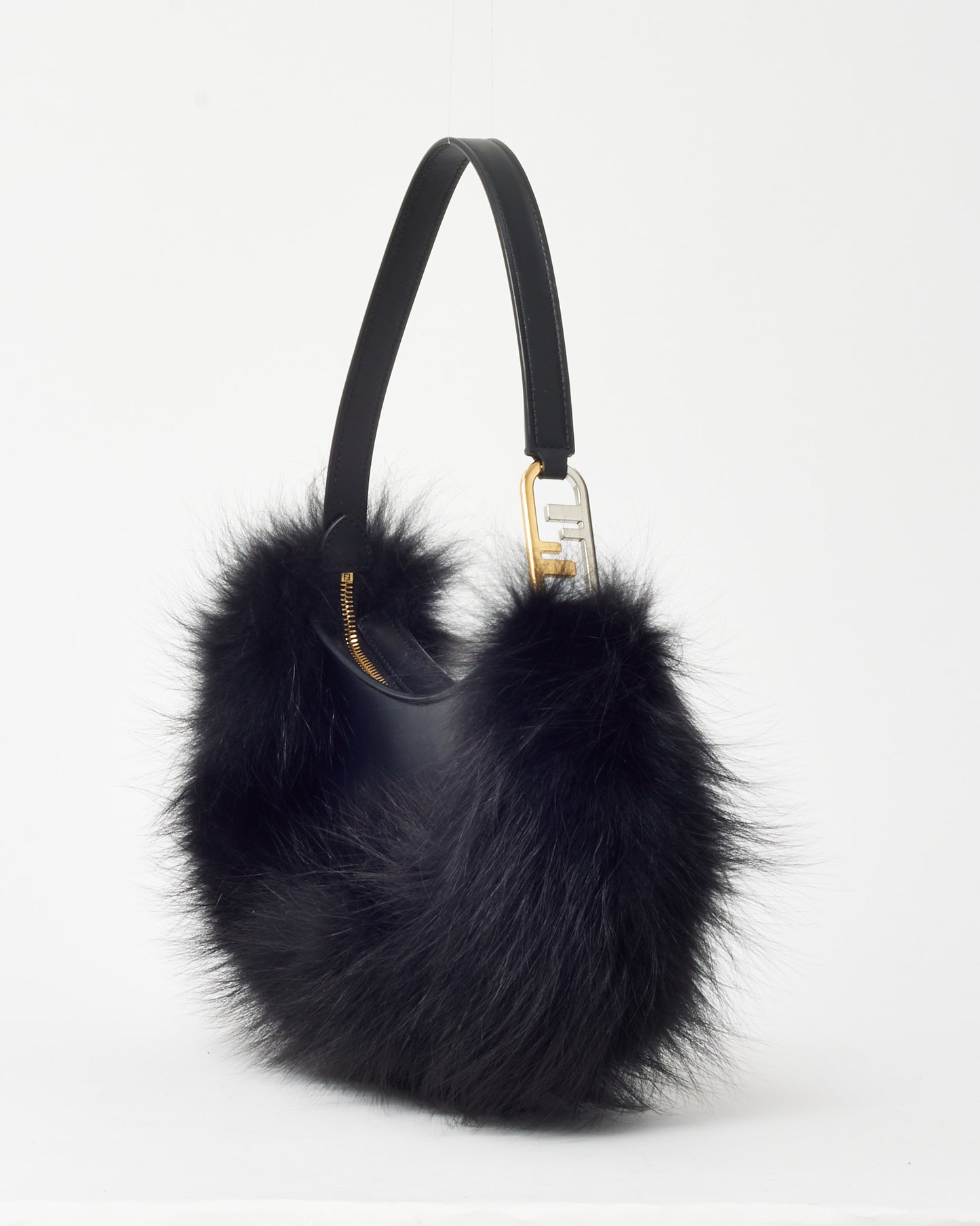 Fendi Black Leather and Fox Fur O'Lock Swing Shoulder Bag