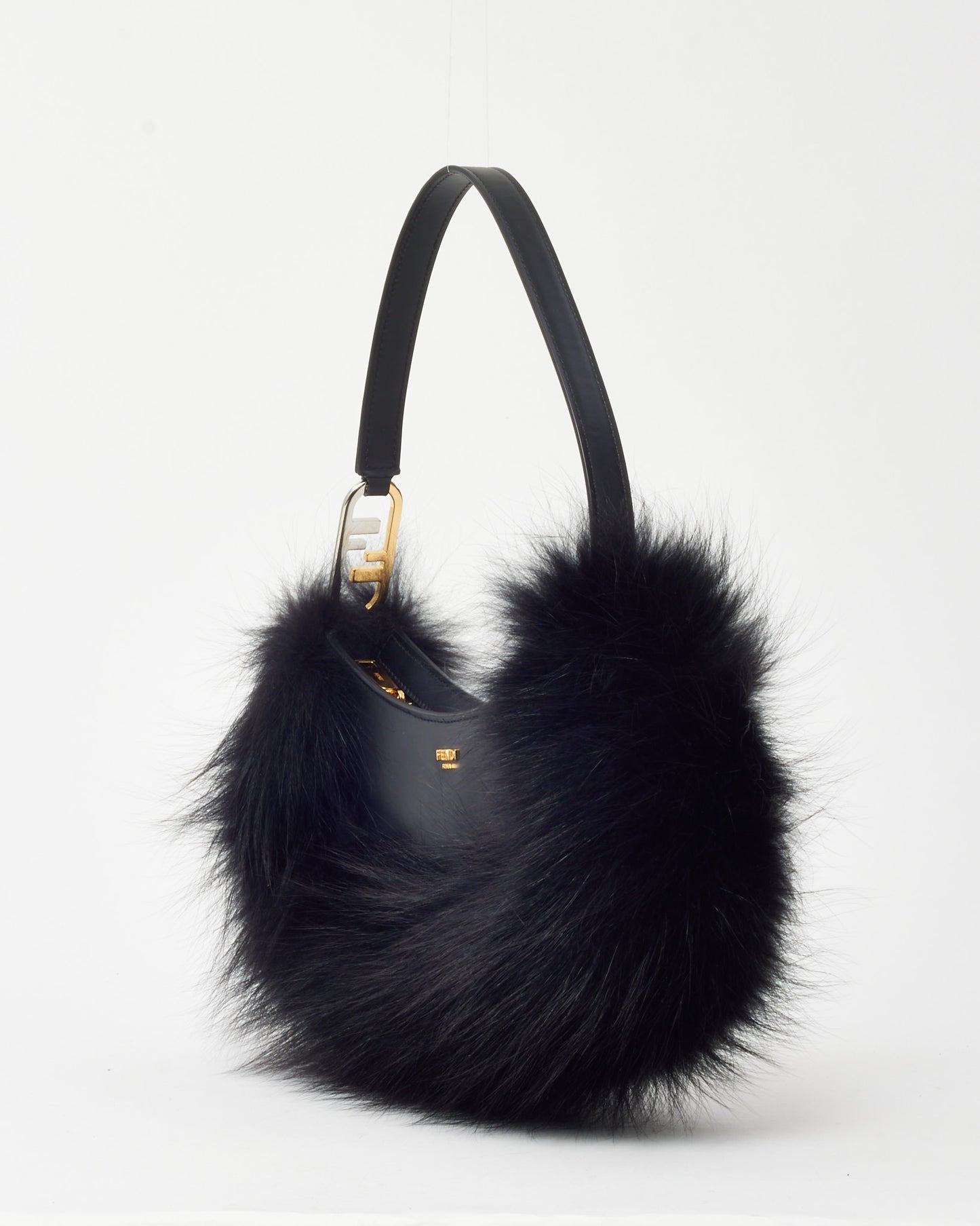 Fendi Black Leather and Fox Fur O'Lock Swing Shoulder Bag