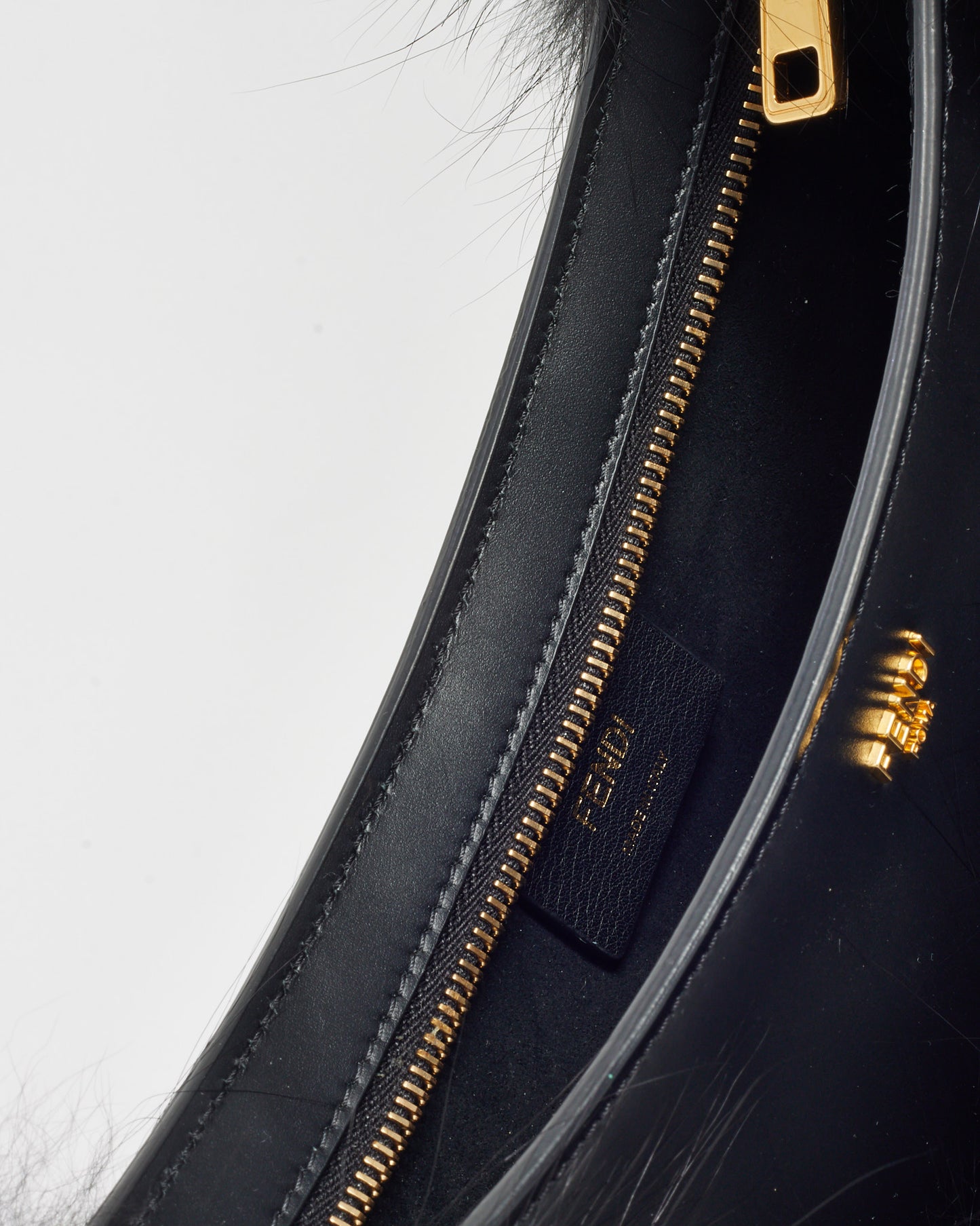 Fendi Black Leather and Fox Fur O'Lock Swing Shoulder Bag