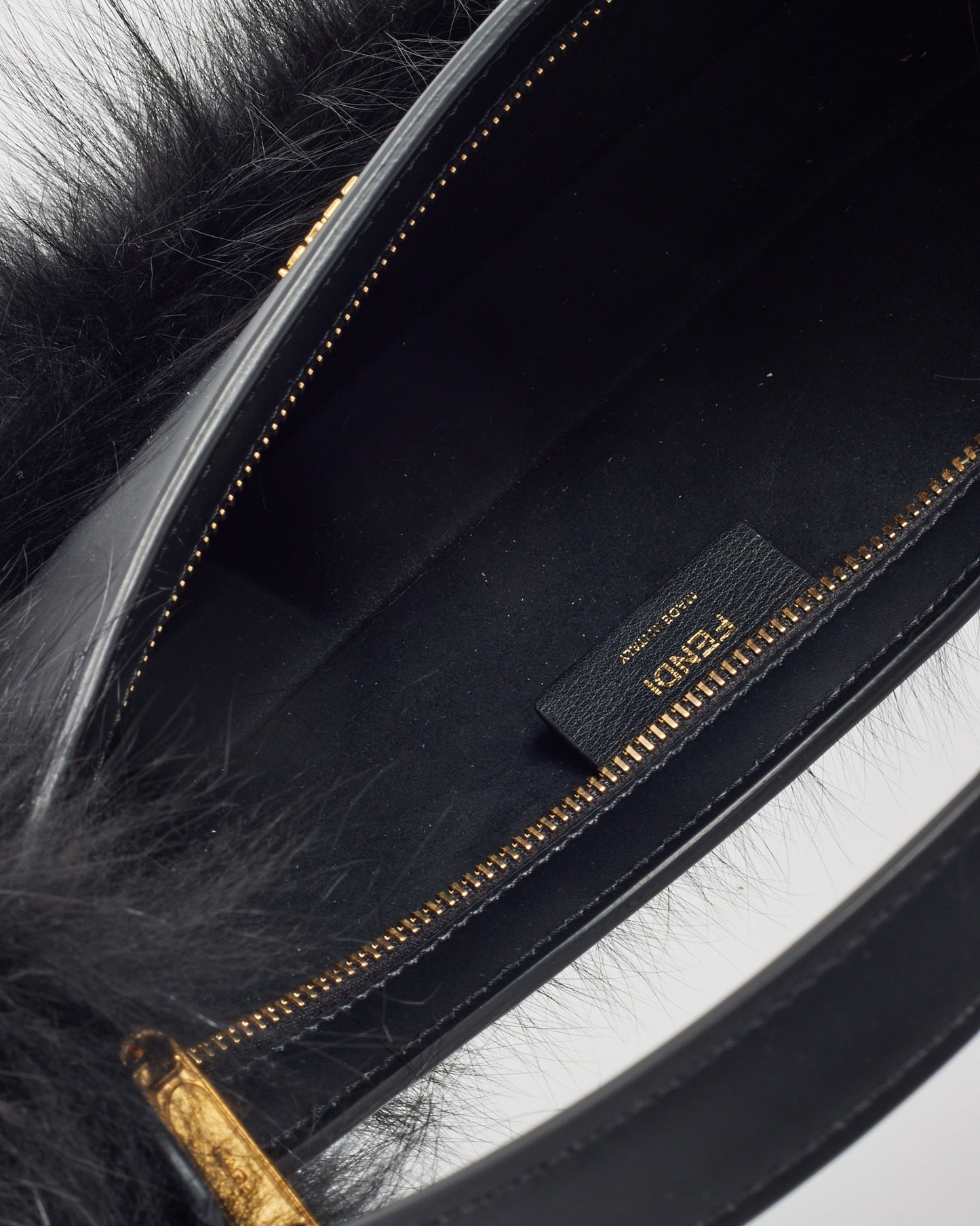 Fendi Black Leather and Fox Fur O'Lock Swing Shoulder Bag