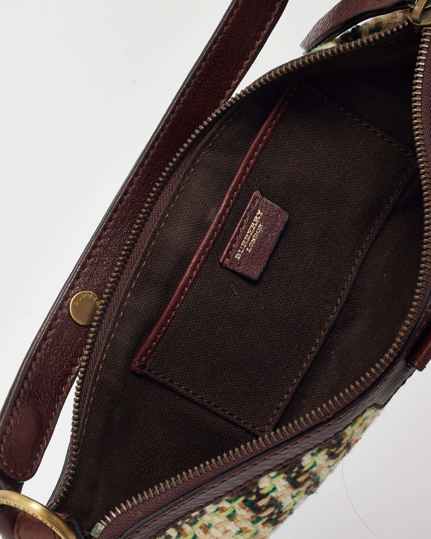 Burberry Brown Leather and Cream/Multi Tweed Baguette Zip Shoulder Bag