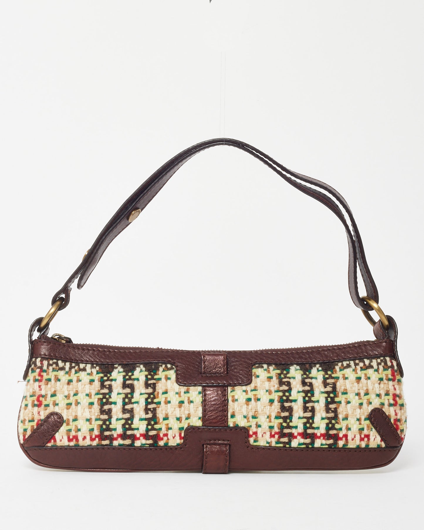 Burberry Brown Leather and Cream/Multi Tweed Baguette Zip Shoulder Bag