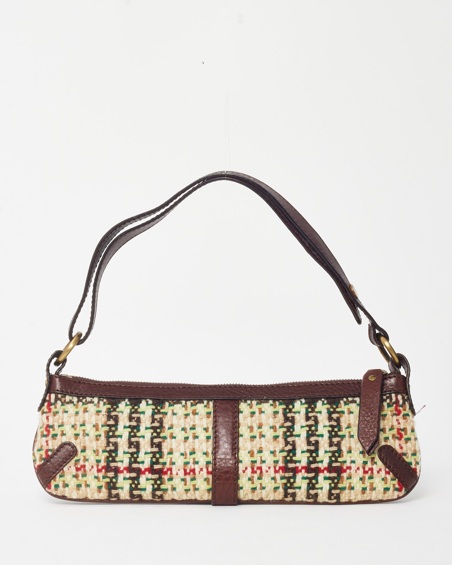 Burberry Brown Leather and Cream/Multi Tweed Baguette Zip Shoulder Bag